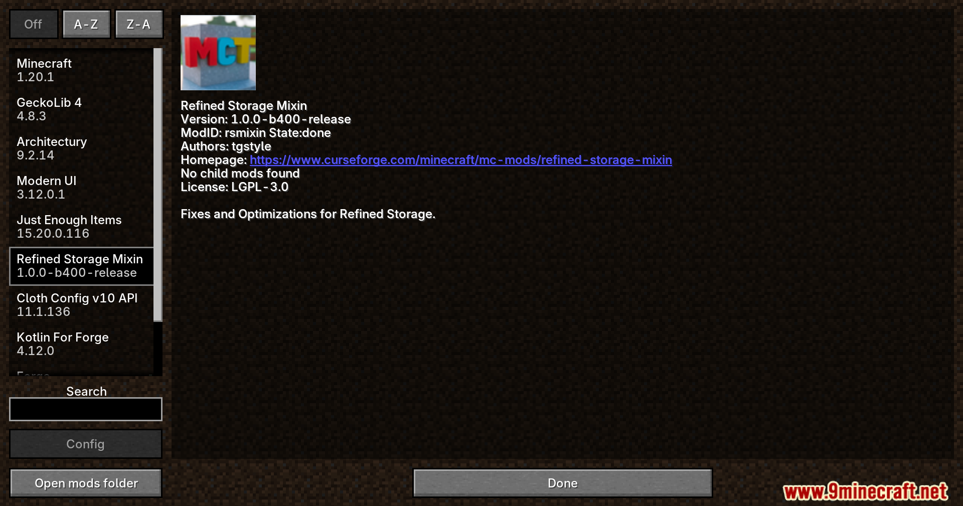 Mod list showing Refined Storage Mixin installed and active