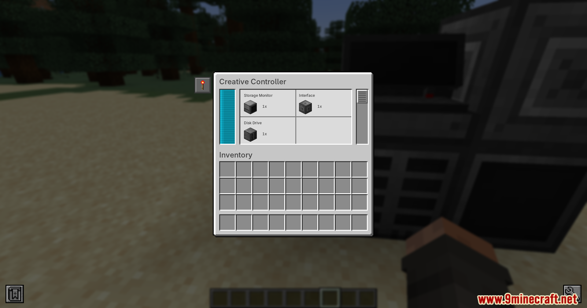 Creative controller interface displaying connected network blocks and inventory slots