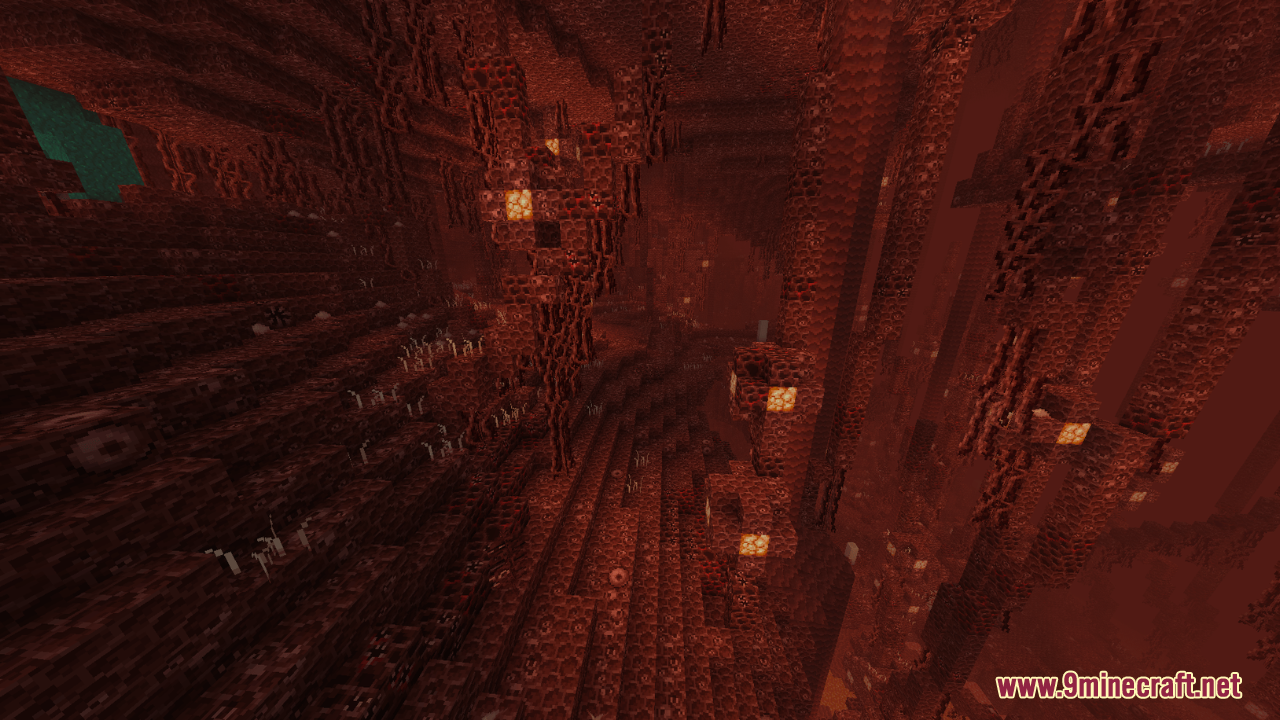 A dark and fiery cave biome with glowing blocks and stalactites