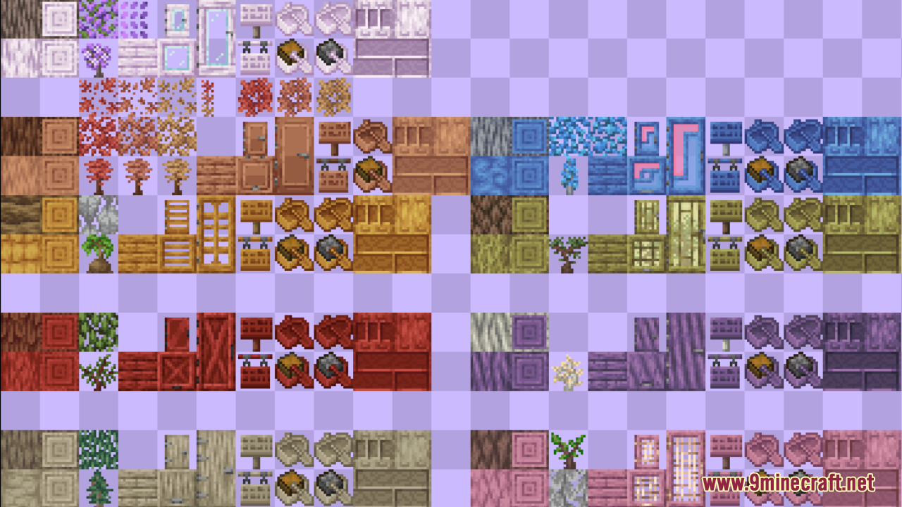 A grid showing various wood types and their crafted items