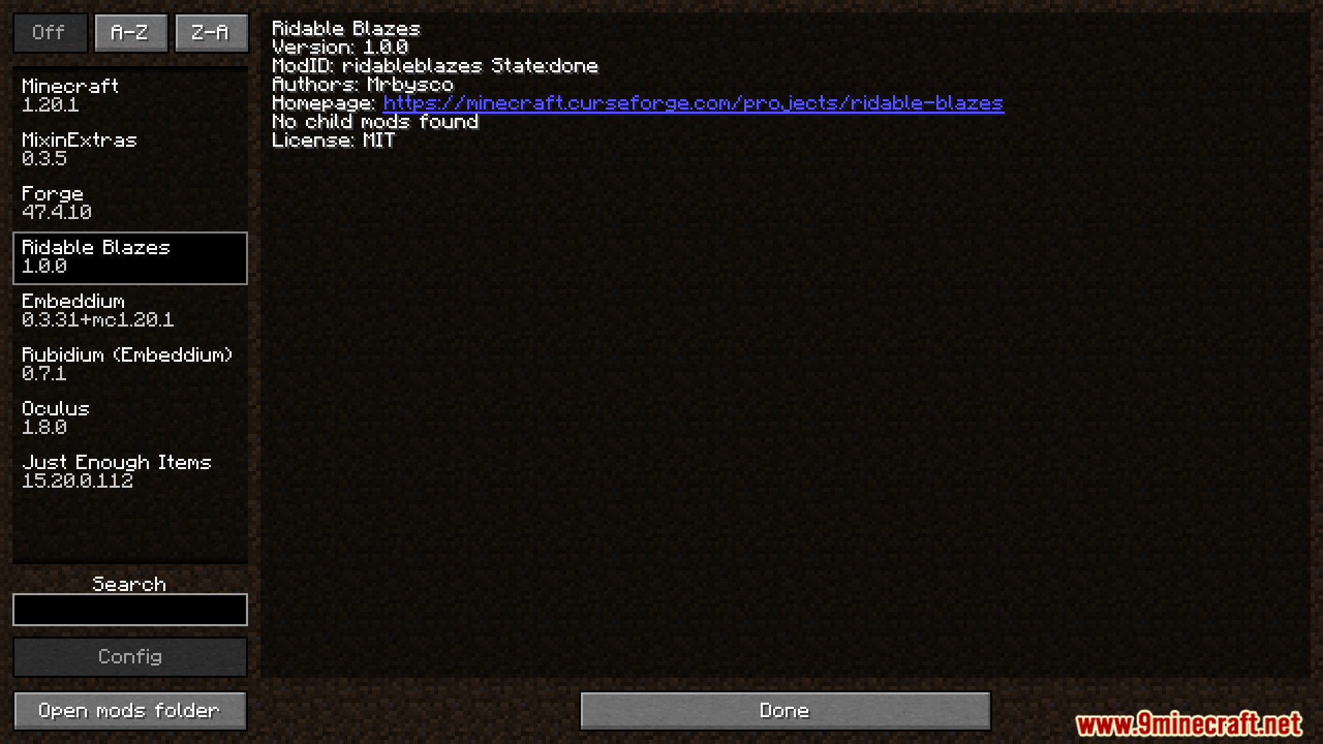 Minecraft mods menu showing the Ridable Blazes mod installed