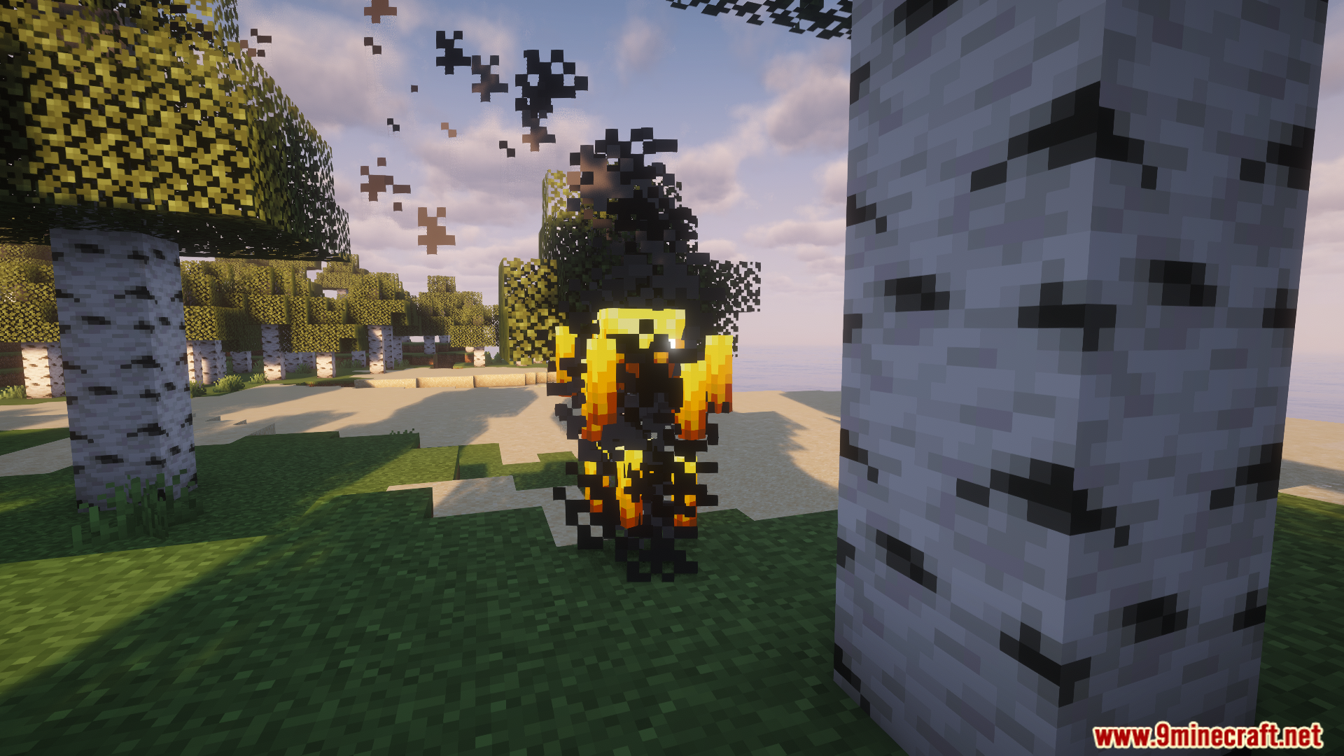 A Blaze mob standing in an overworld birch forest area