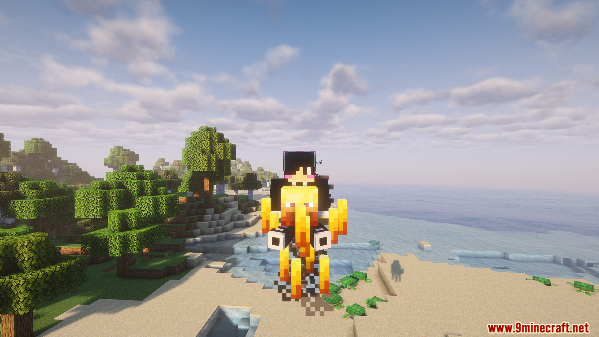 Player riding a Blaze on the beach in Rideable Blazes Mod