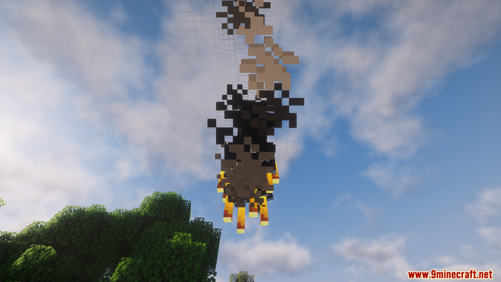 Player flying high in the sky while riding a Blaze mob