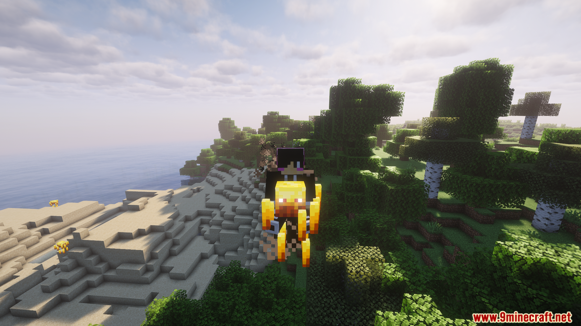 Player riding a Blaze flying over a forest and beach area