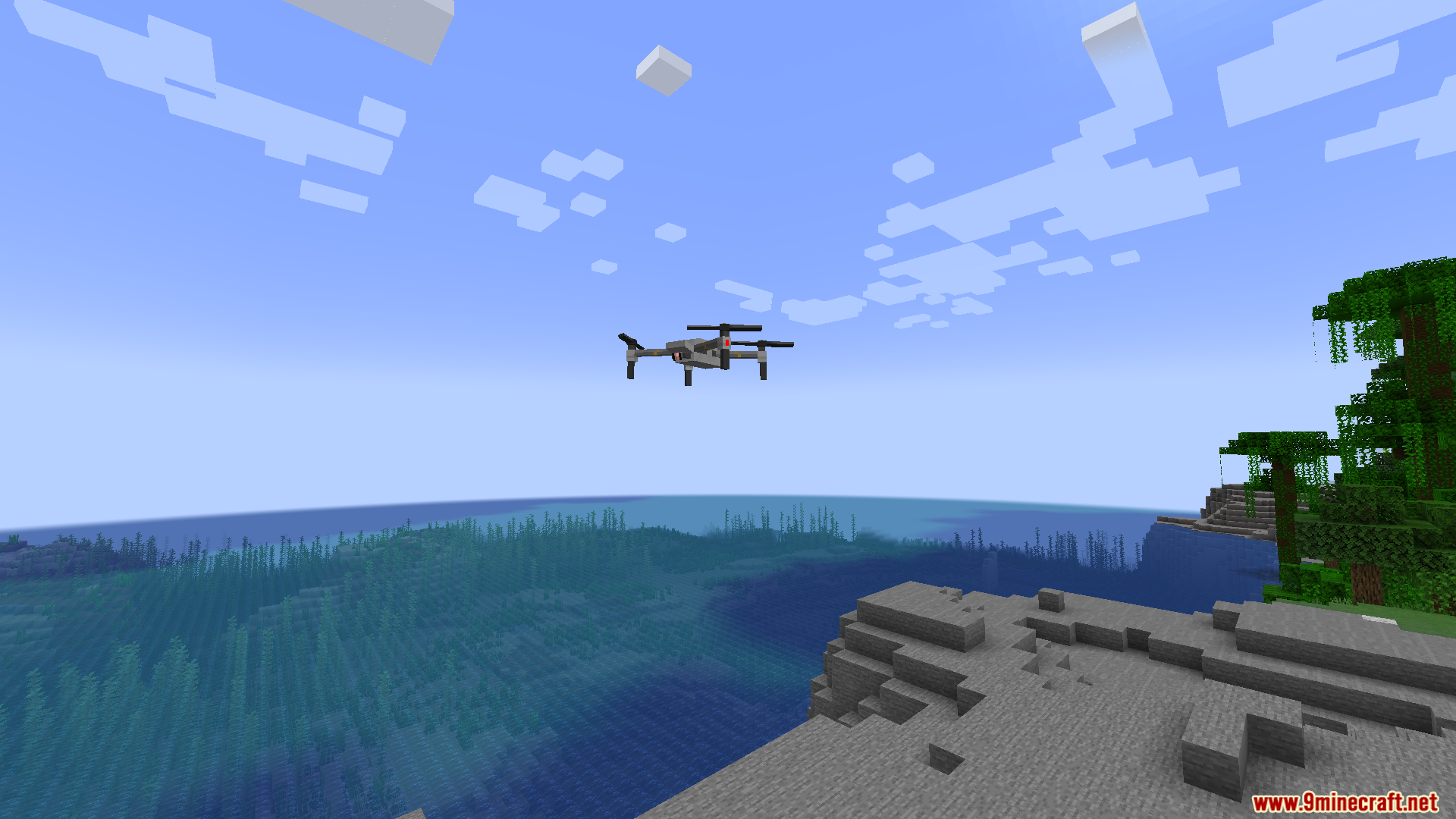 Player flying a quadcopter drone over a coastal jungle biome