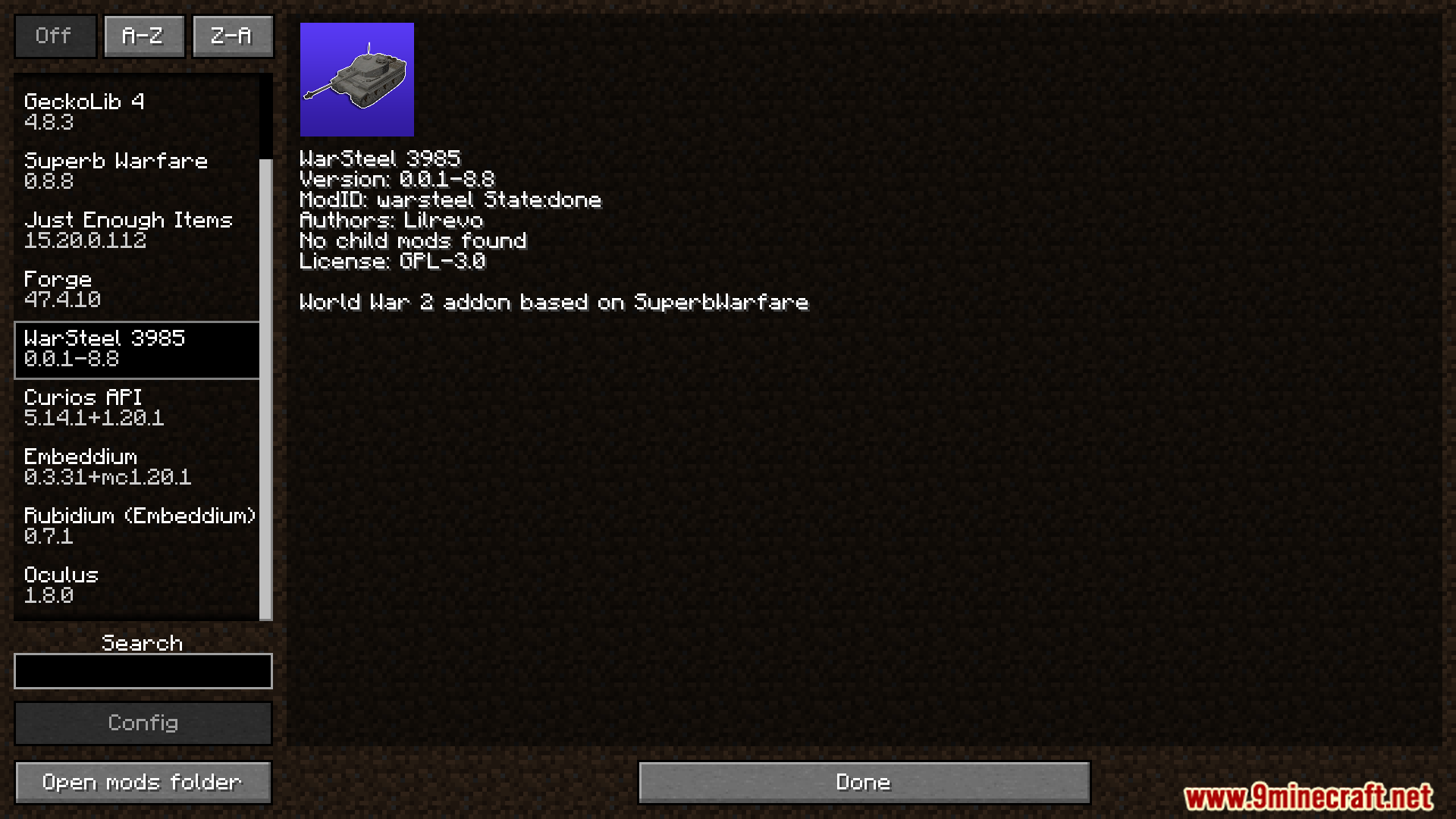 Mod menu displaying the WarSteel World War two addon details