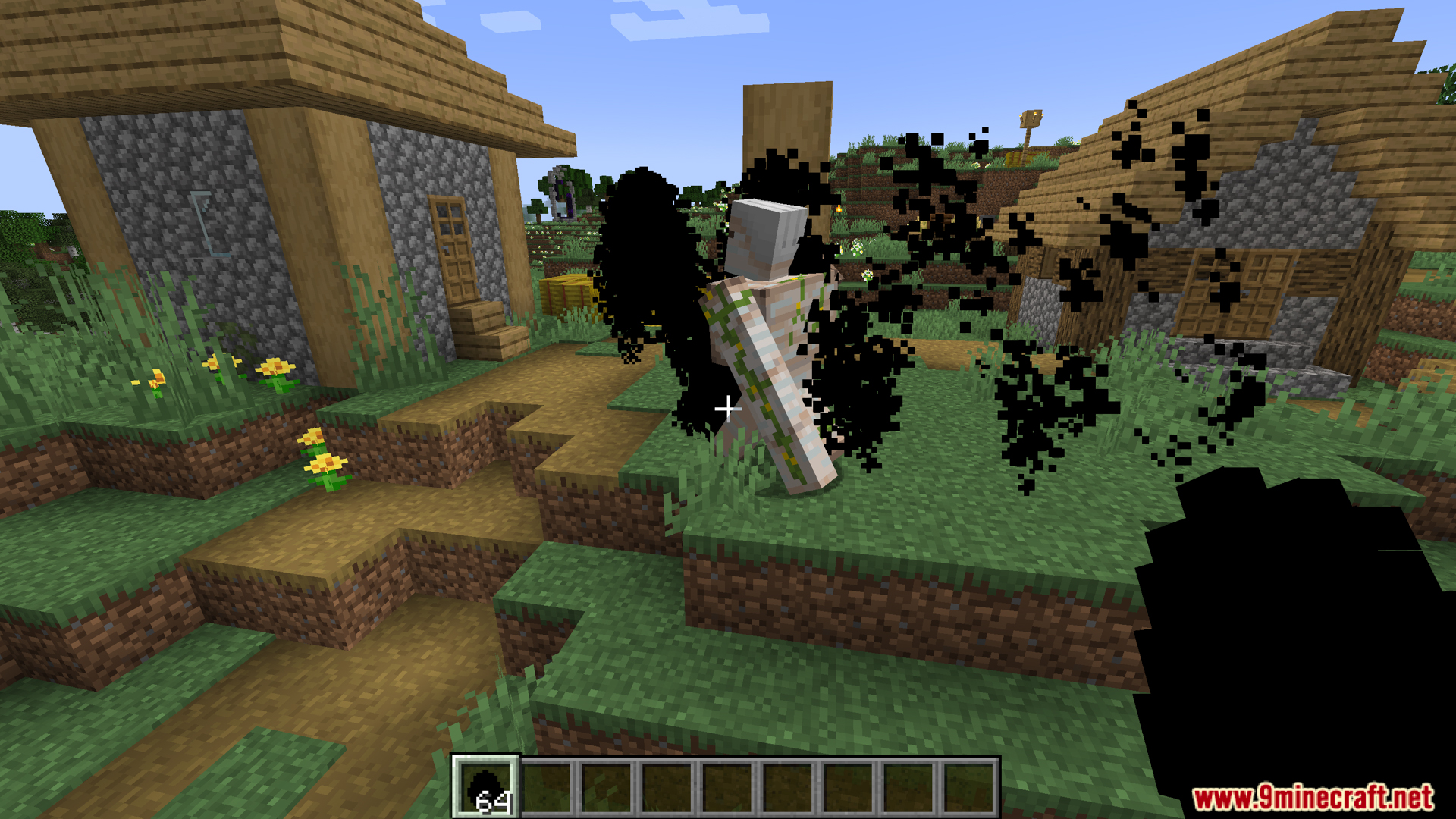 Village with wooden buildings and vines