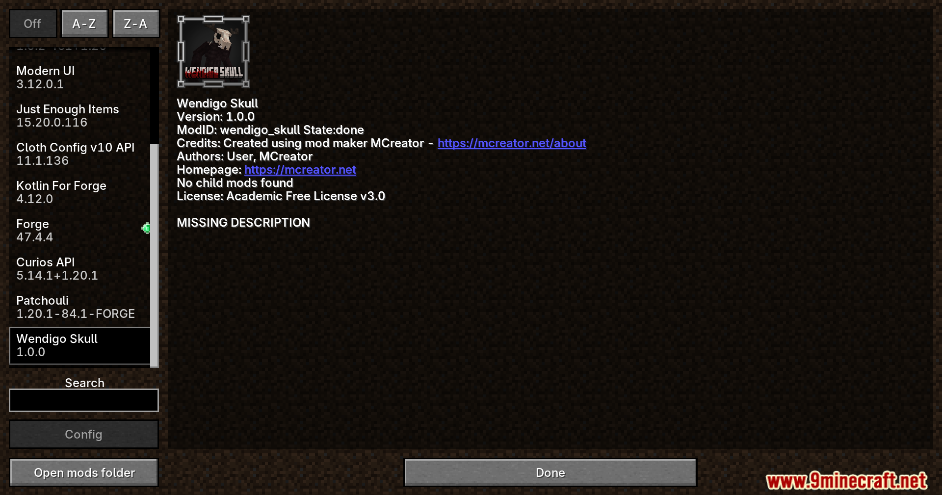 Wendigo Skull mod information in the mods menu