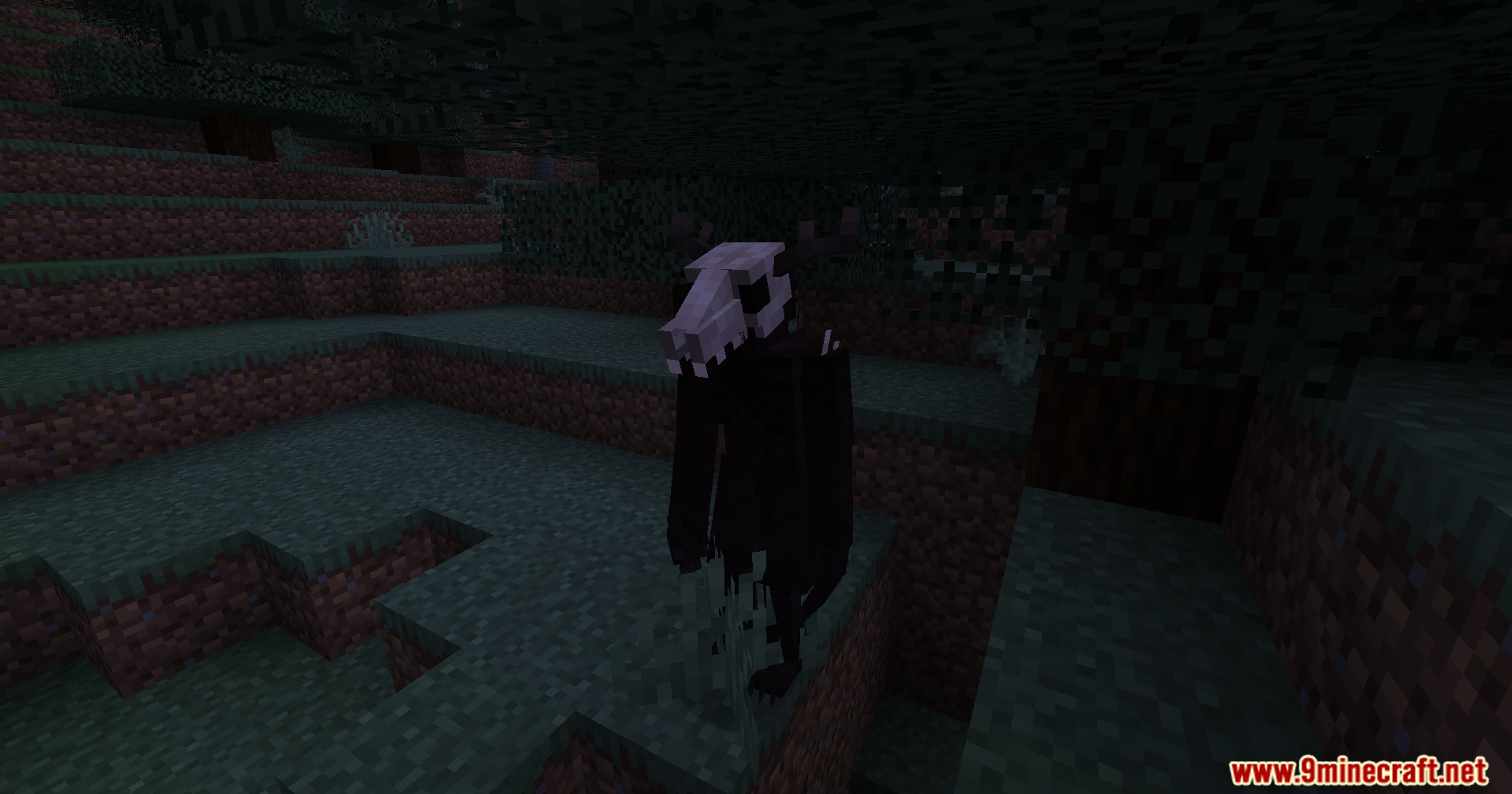 A close-up view of the monster's skull head