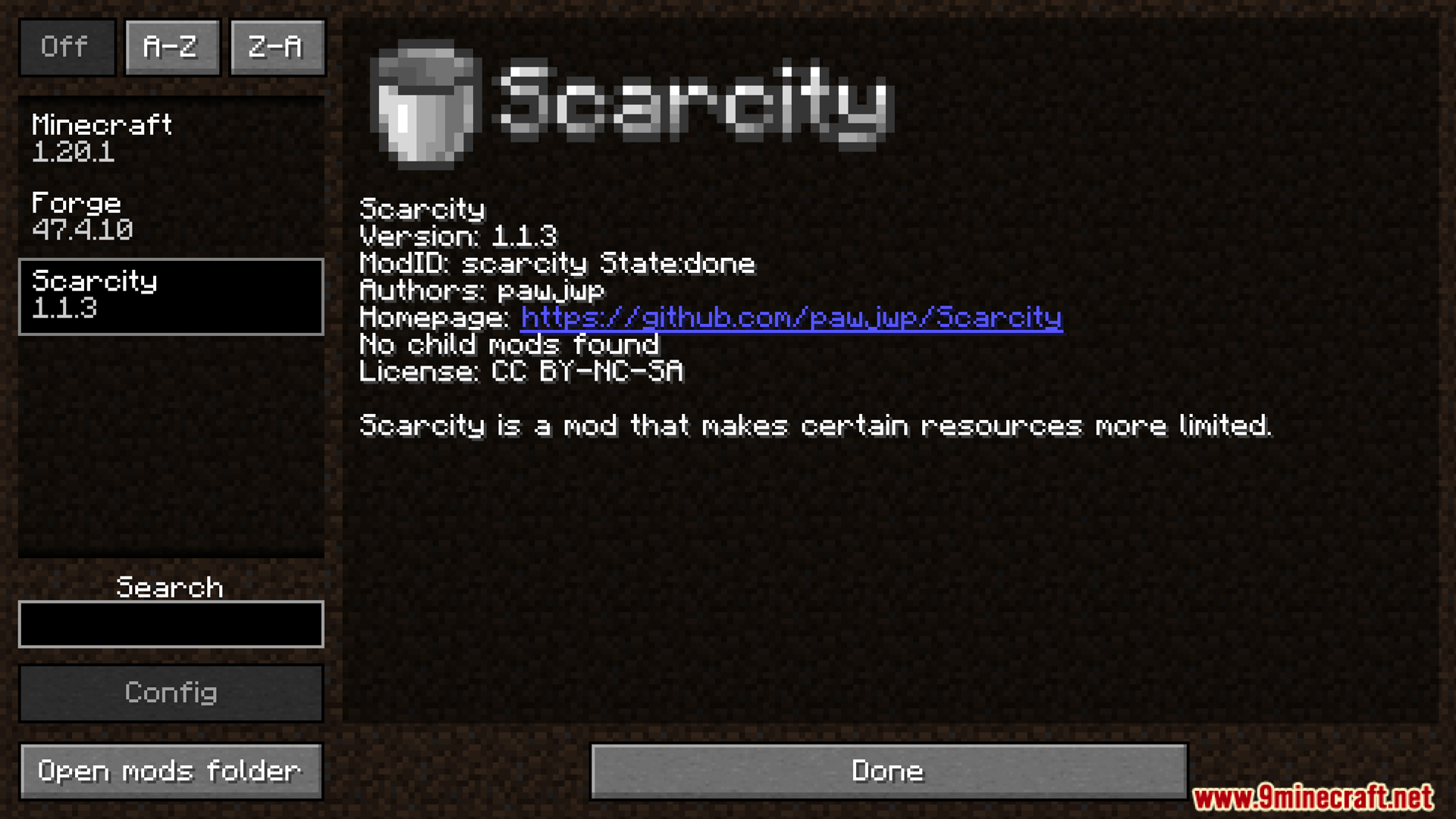 Minecraft mods menu displaying the Scarcity mod information screen