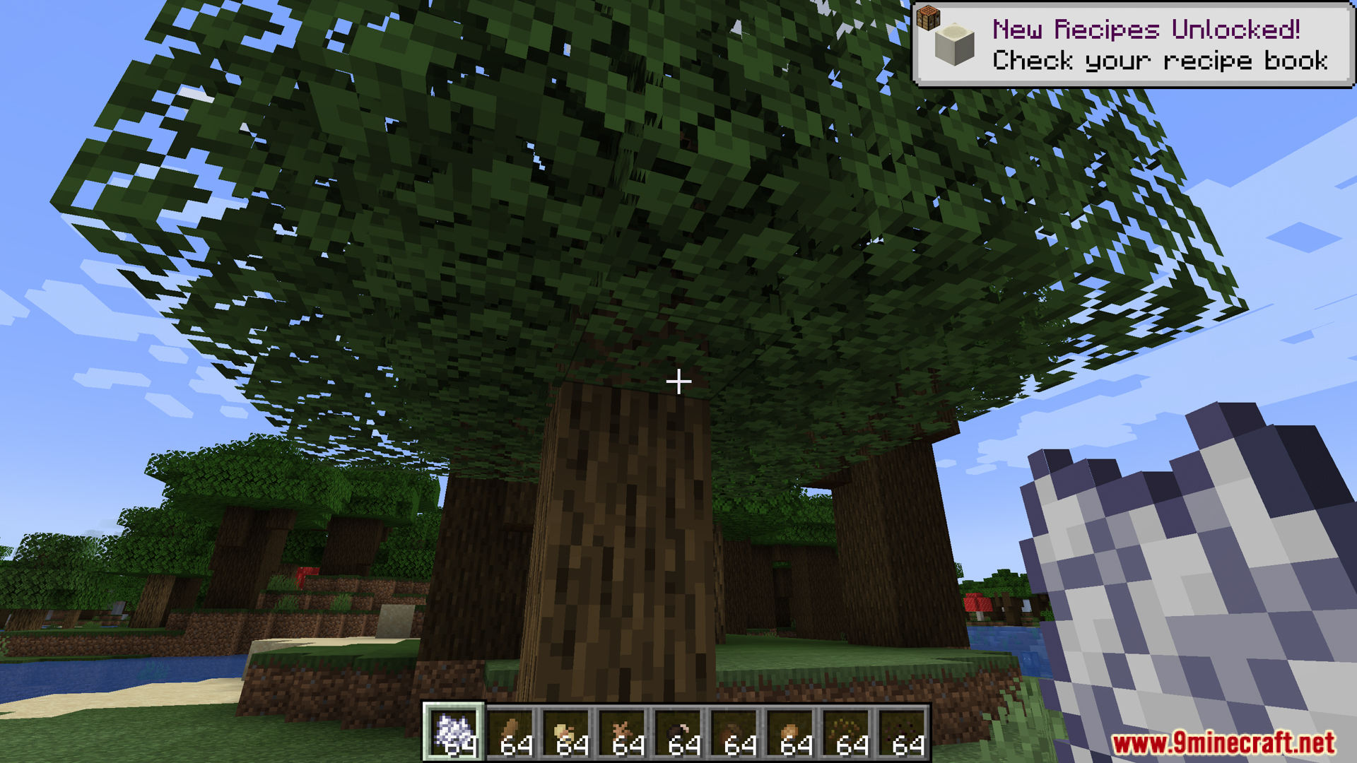 Player using bone meal to grow a large tree from custom seeds