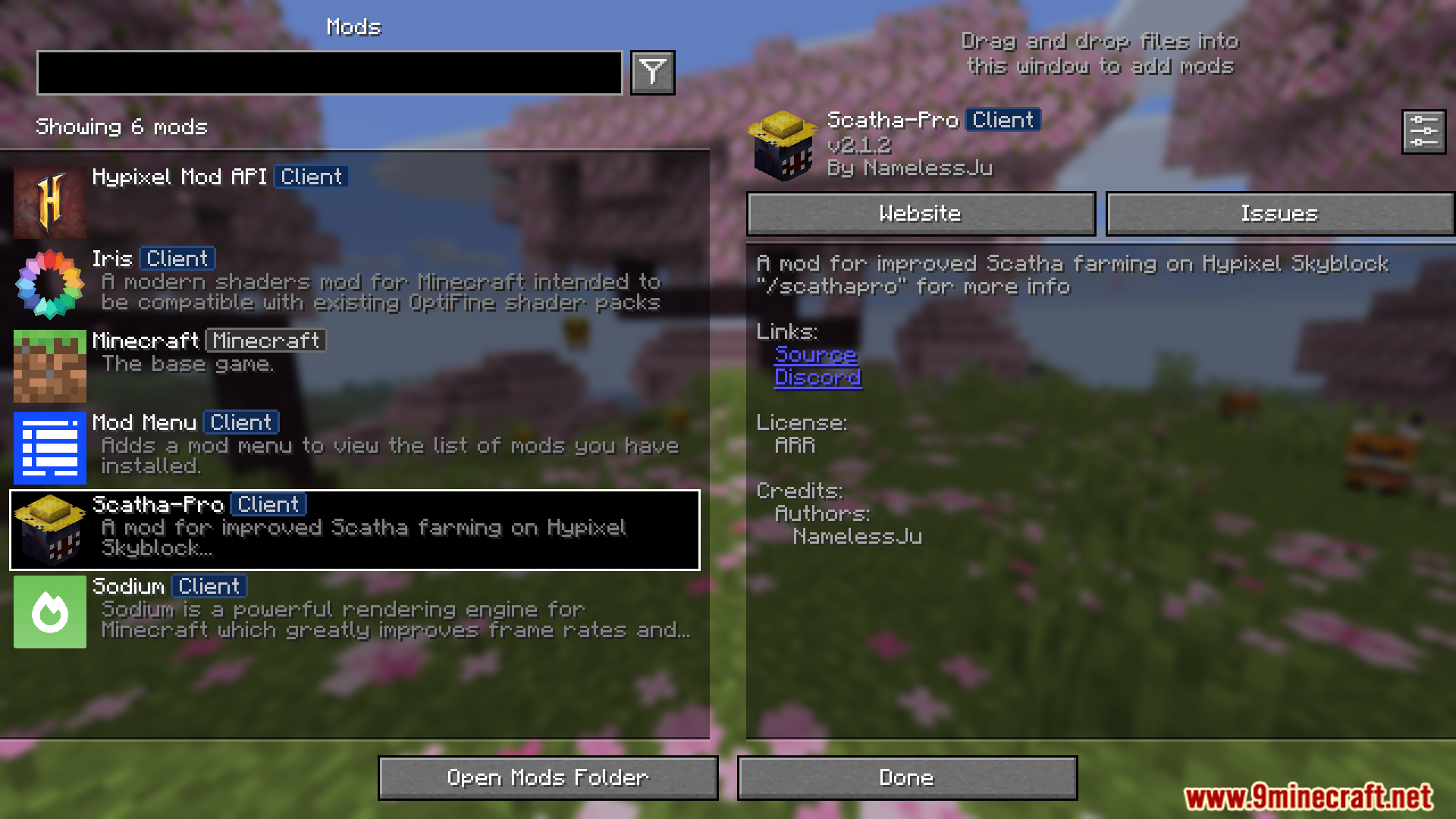 Scatha Pro Mod Screenshot 1 Scatha Pro Mod menu in Minecraft showing installed client modifications