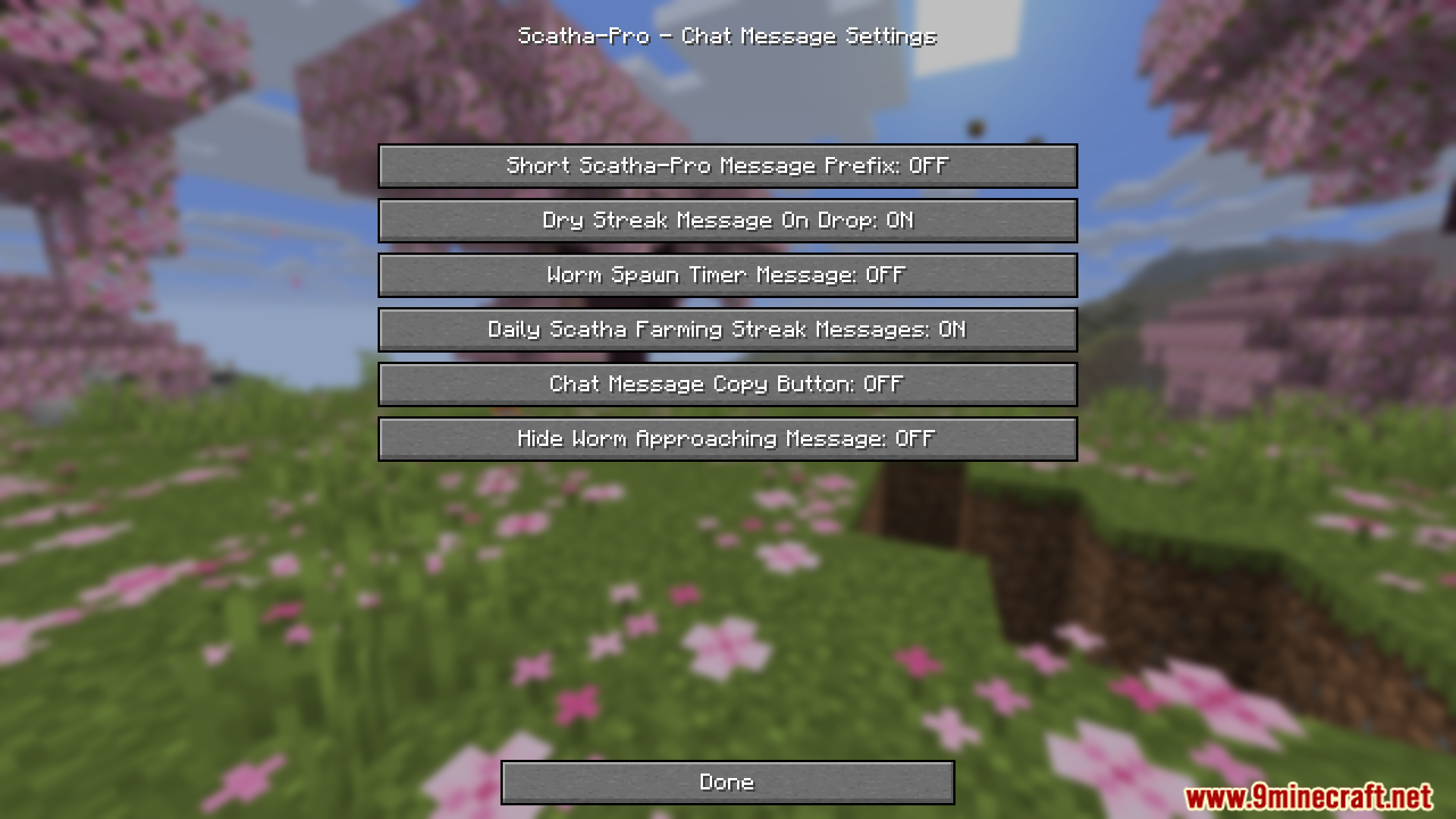 Scatha Pro Mod Screenshot 13 Scatha Pro Chat Message Settings menu with various toggle options