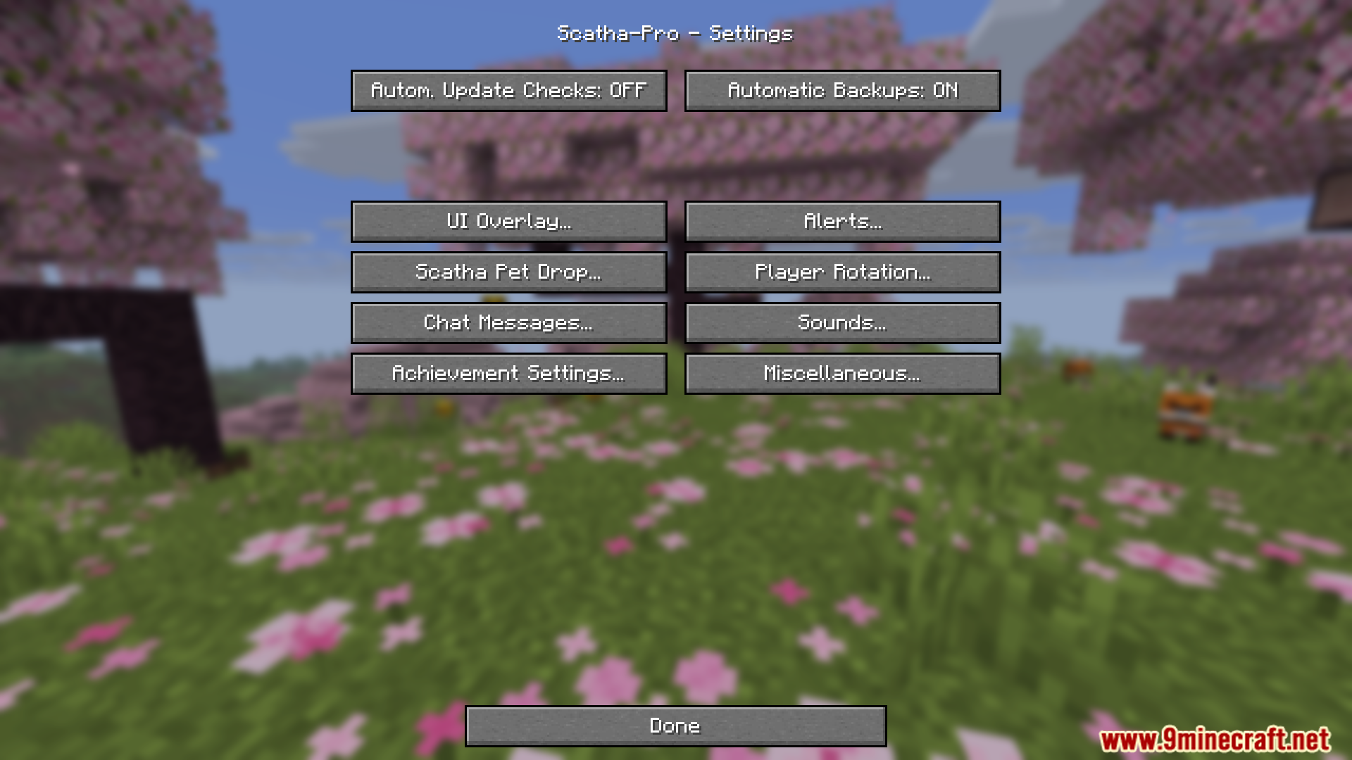 Scatha Pro Mod Screenshot 2 Settings menu for Scatha Pro Mod with various configuration options