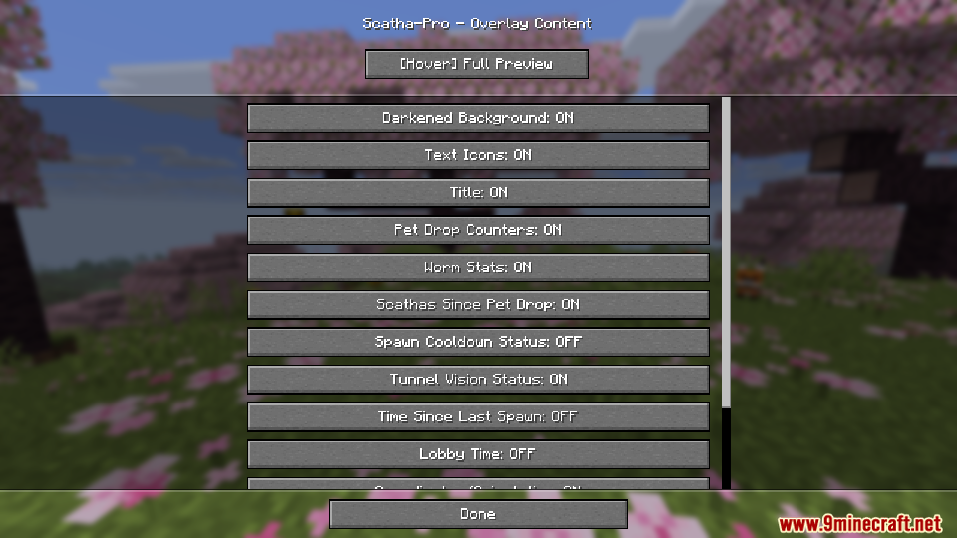 Scatha Pro Mod Screenshot 4 Overlay Content settings menu for Scatha Pro Mod in Minecraft