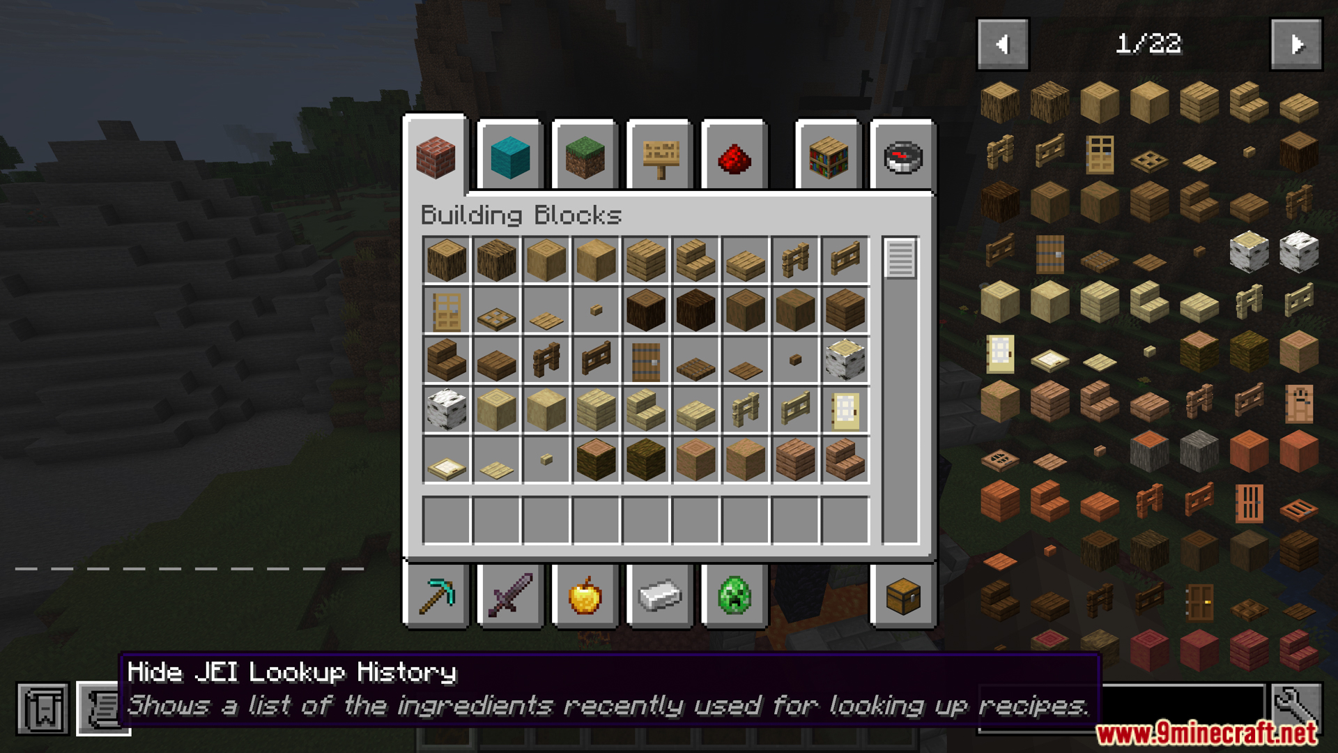 Browsing building blocks using the JEI interface