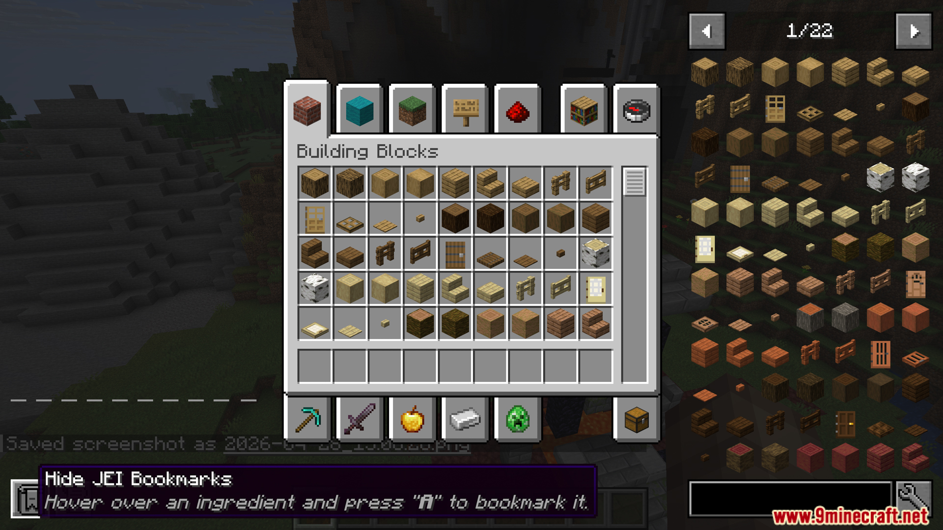 JEI interface showing how to bookmark building blocks