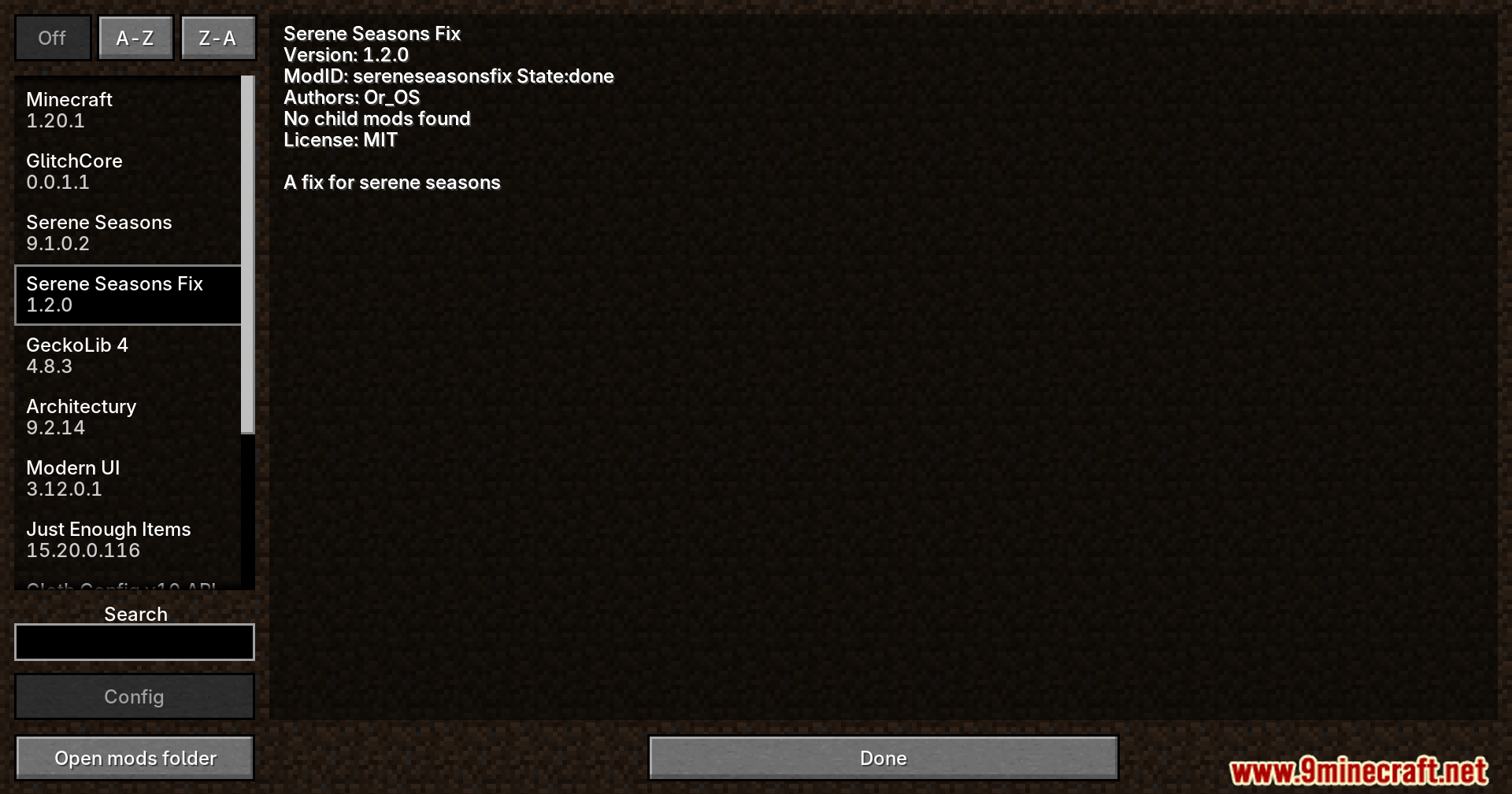 Mod list showing Serene Seasons Fix installed