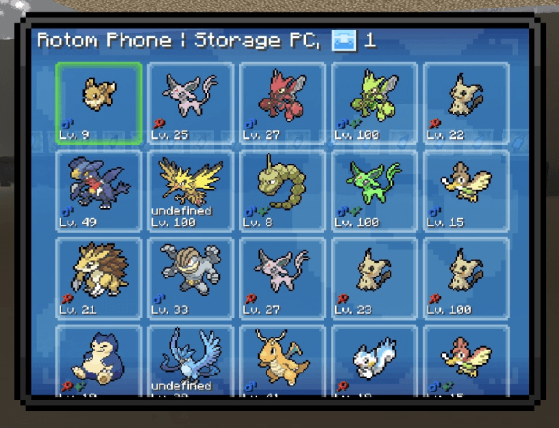 Player viewing captured Pokemon inside the Rotom Phone Storage PC