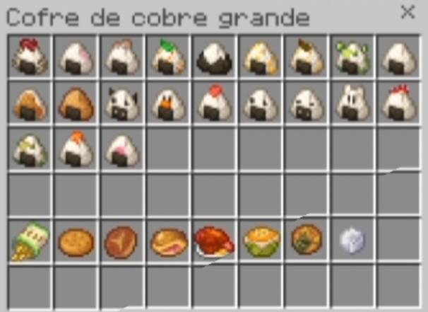 Inventory of a large copper chest containing many cooked foods