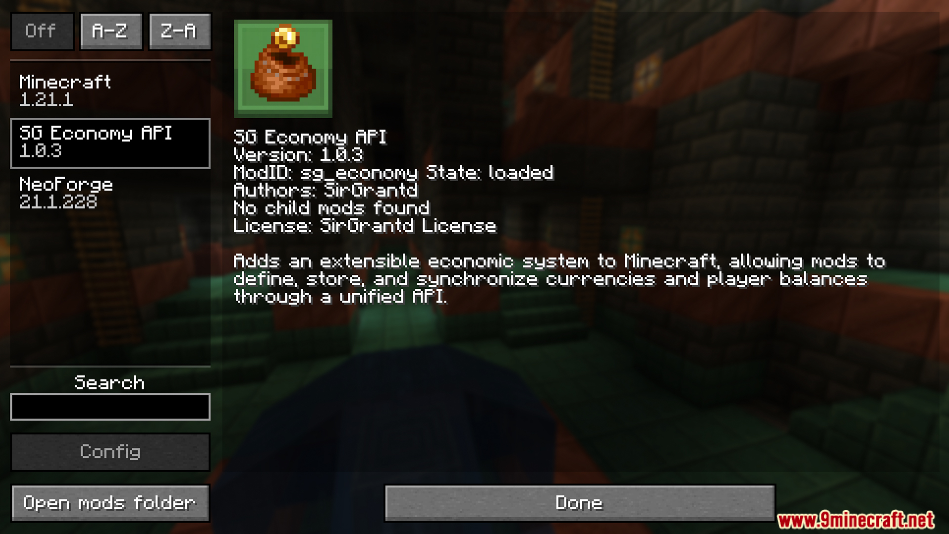 SG Economy API mod information in the mods menu