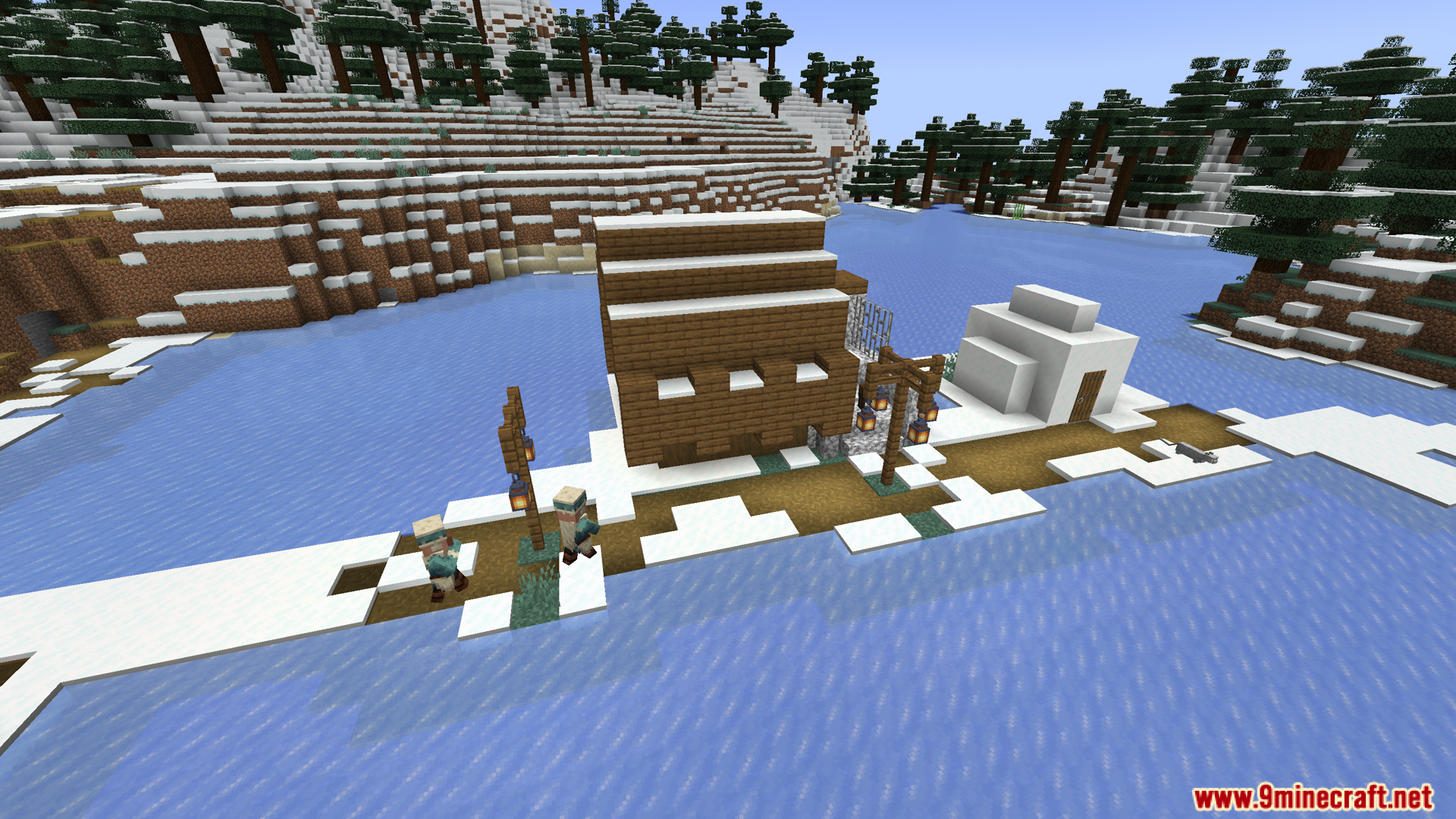 Small settlement with villagers on a snowy peninsula