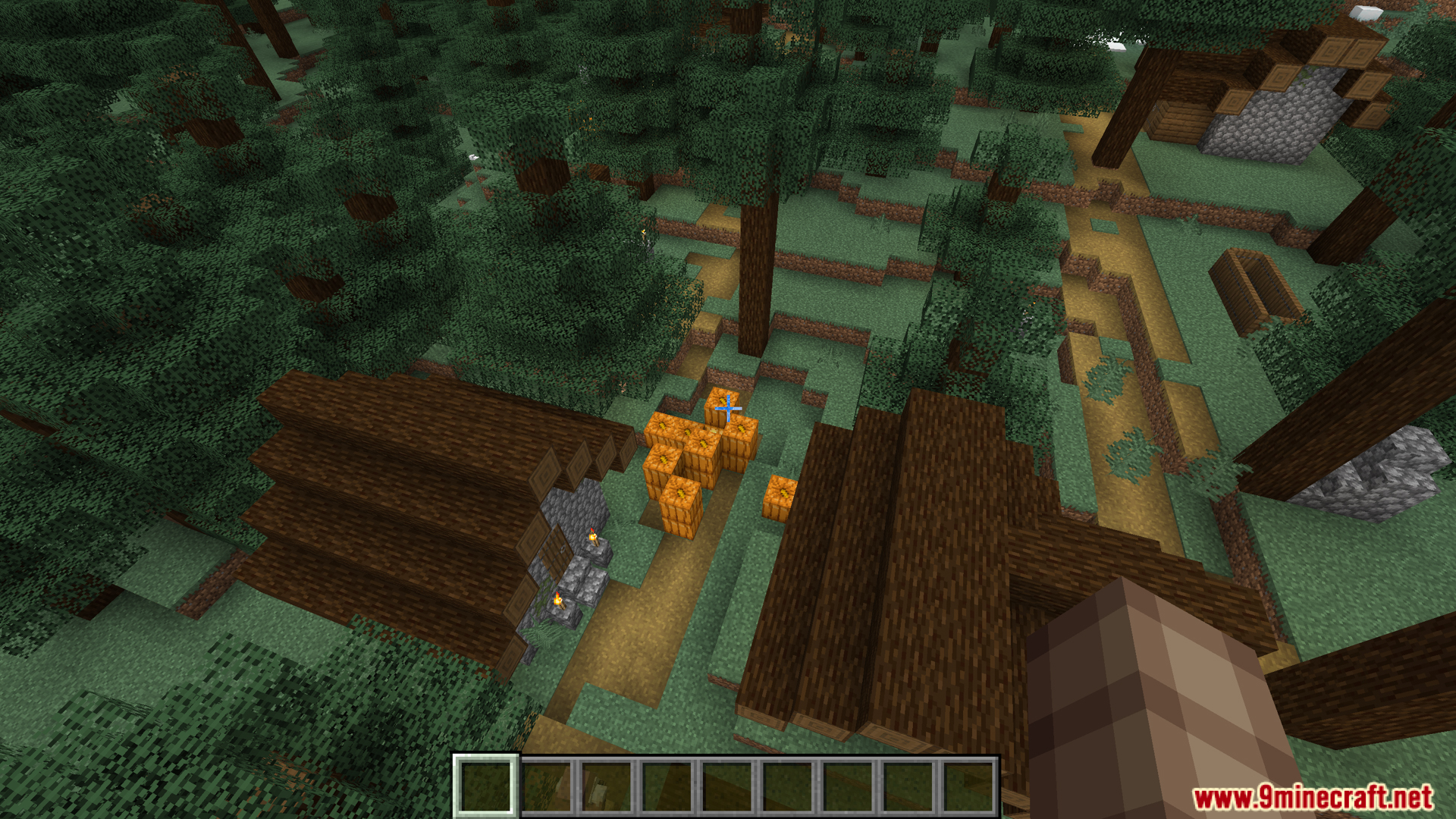 A wooden village with pumpkins in a dense forest