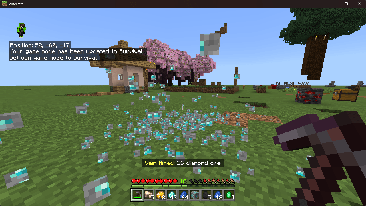 Sh Vein Miner Addon Mod Screenshot 1 Player using Sh Vein Miner to break many diamond ores