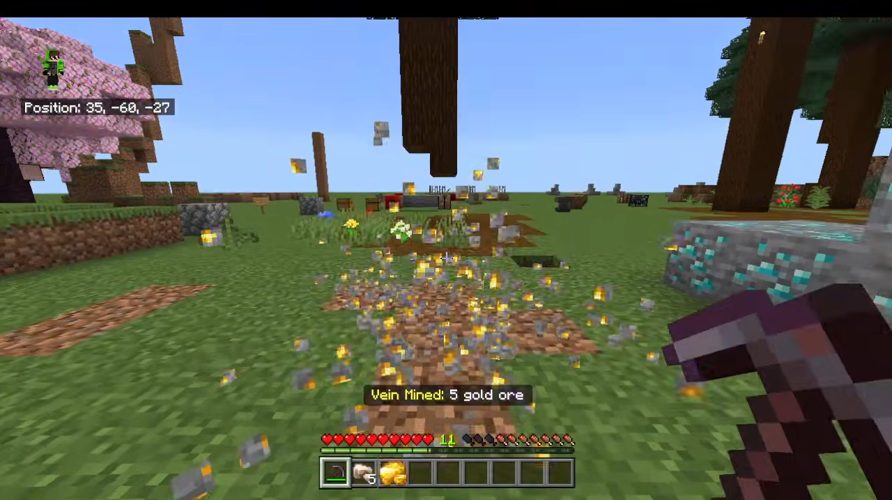 Sh Vein Miner Addon Mod Screenshot 2 Player breaking a connected vein of gold ore blocks instantly