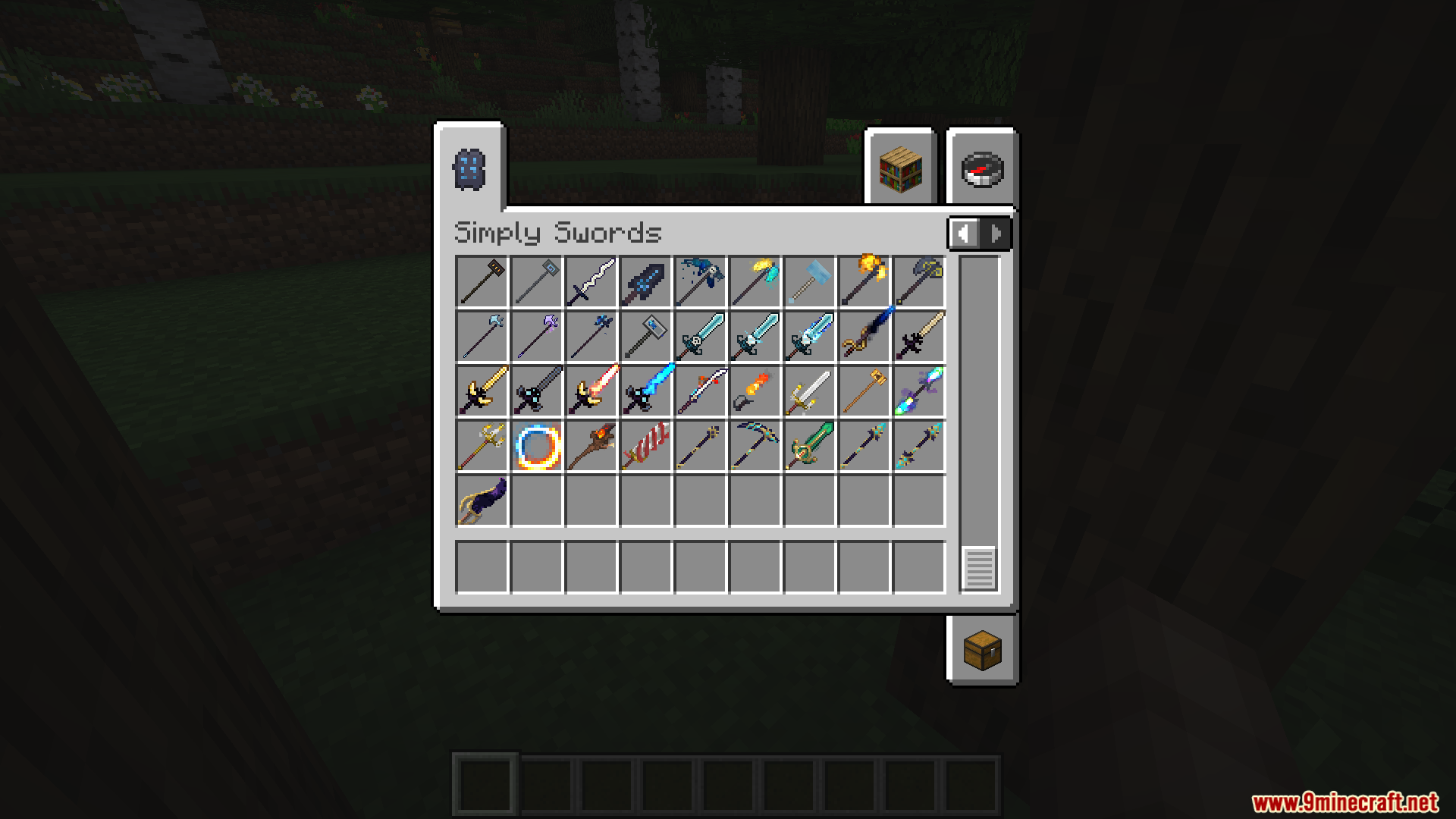 Simply Swords mod creative inventory showing various custom weapons