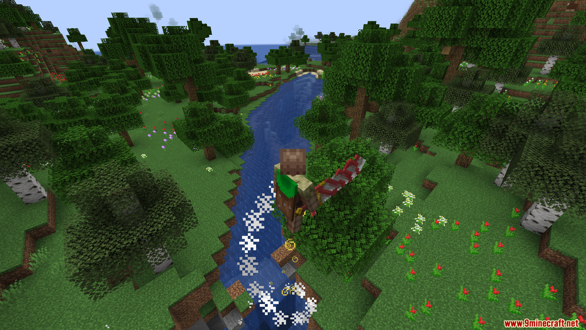 Player flying over a river wielding a red sword