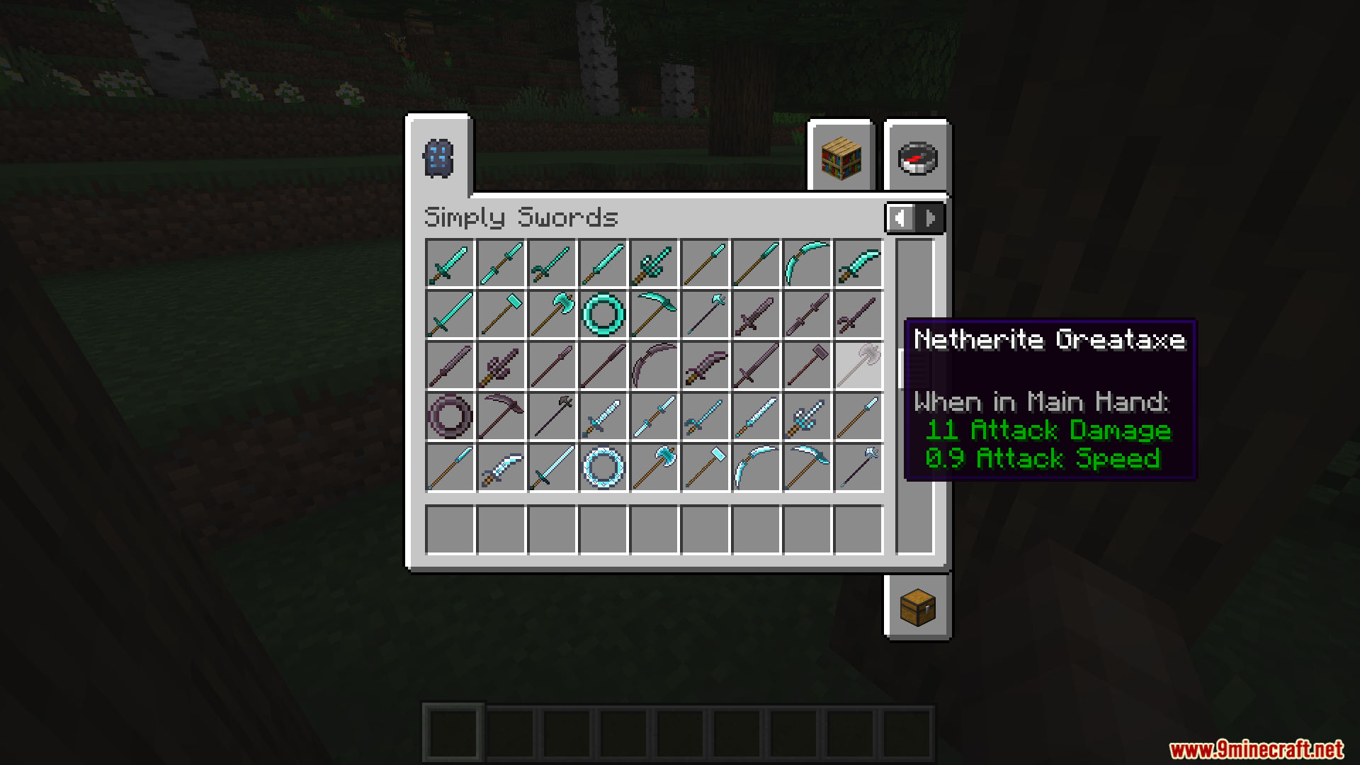 Hovering over Netherite Greataxe in Simply Swords creative inventory
