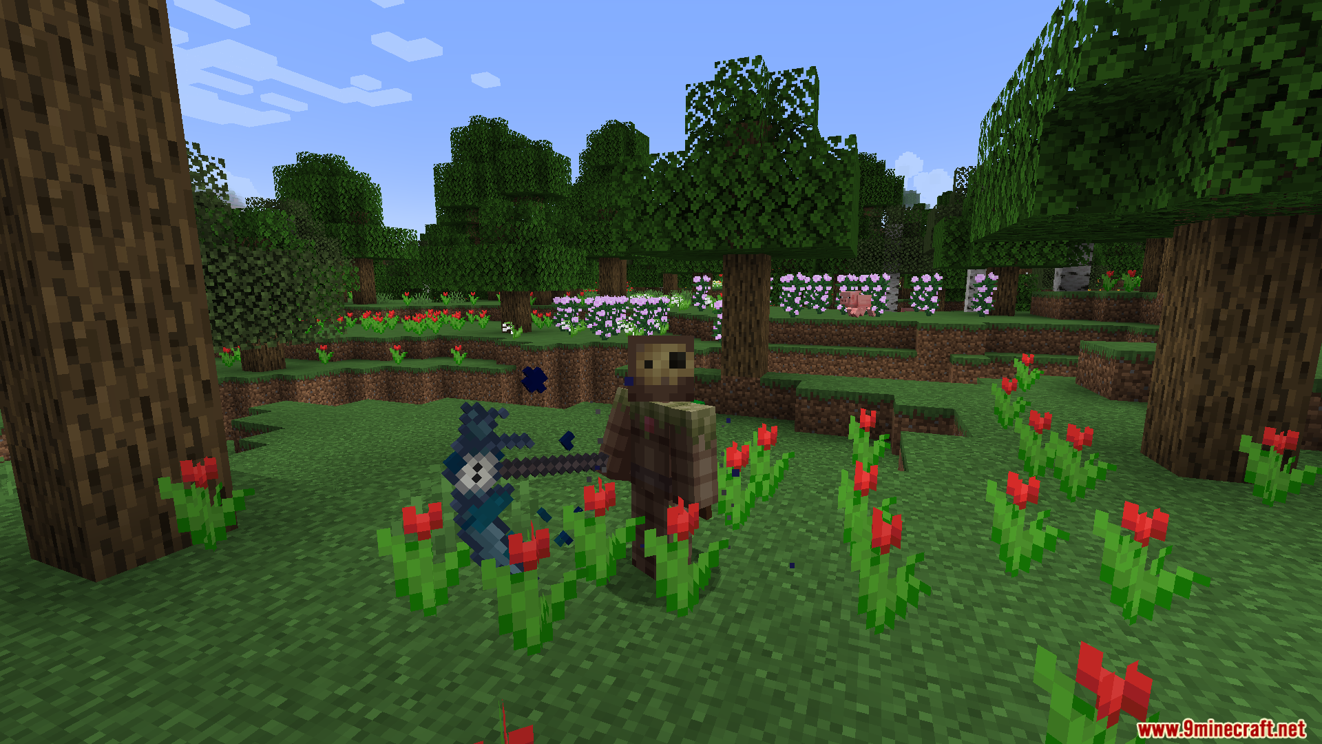 Player holding a dark glowing sword with particle effects