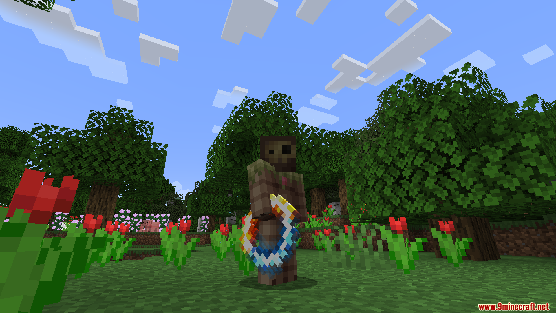 Player holding a colorful ring weapon in a forest