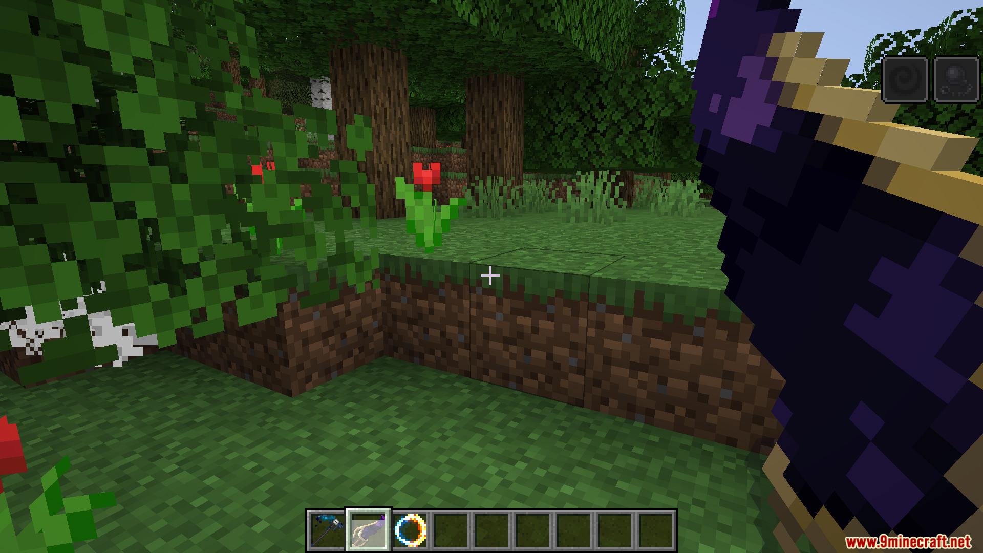 Player holding a dark bow in a forest