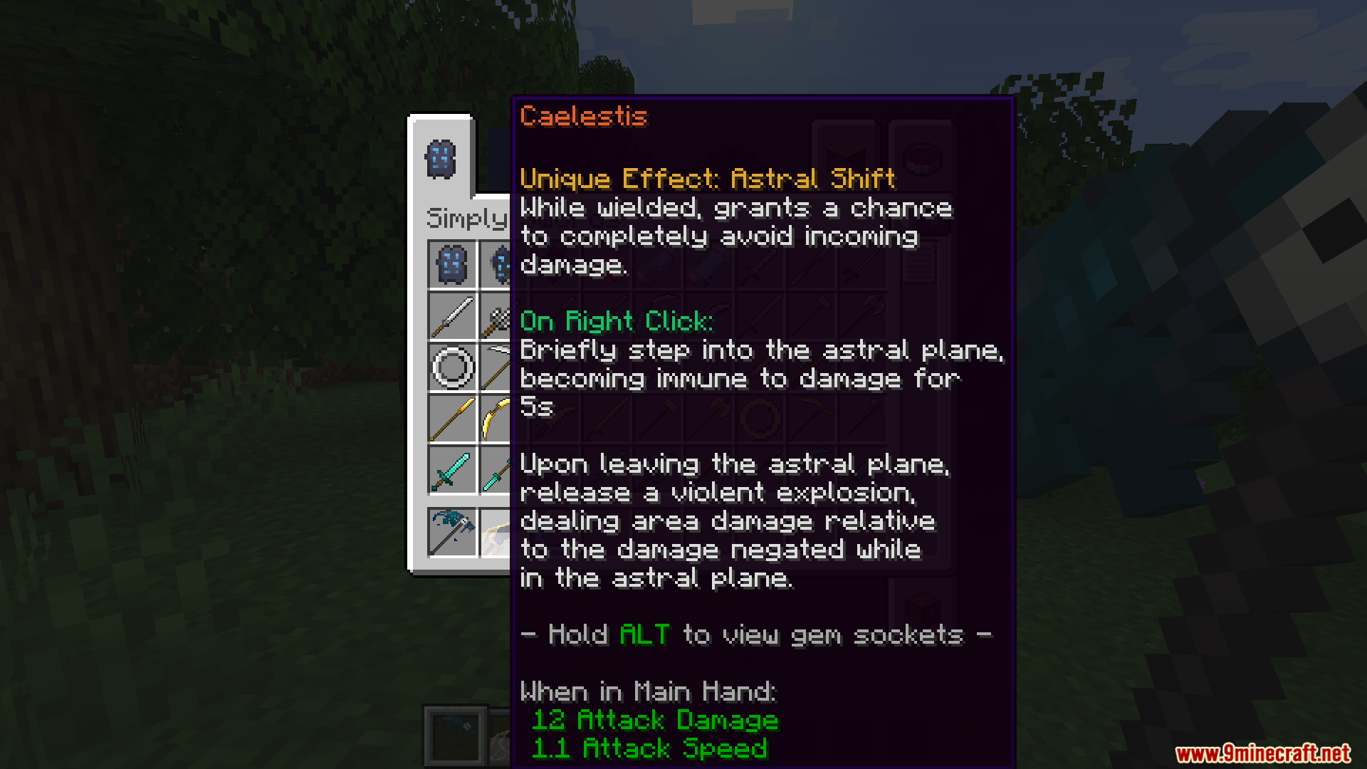 Tooltip showing stats and abilities for Caelestis weapon