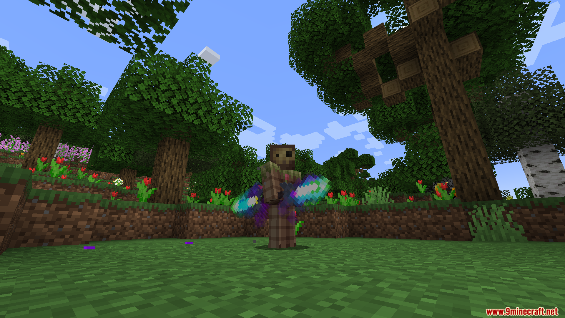 Player holding two glowing swords in a forest setting