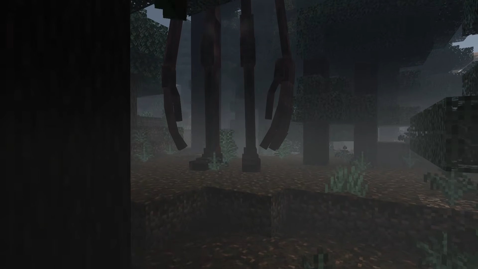 Creepy tall monster hiding among trees in a dark foggy forest
