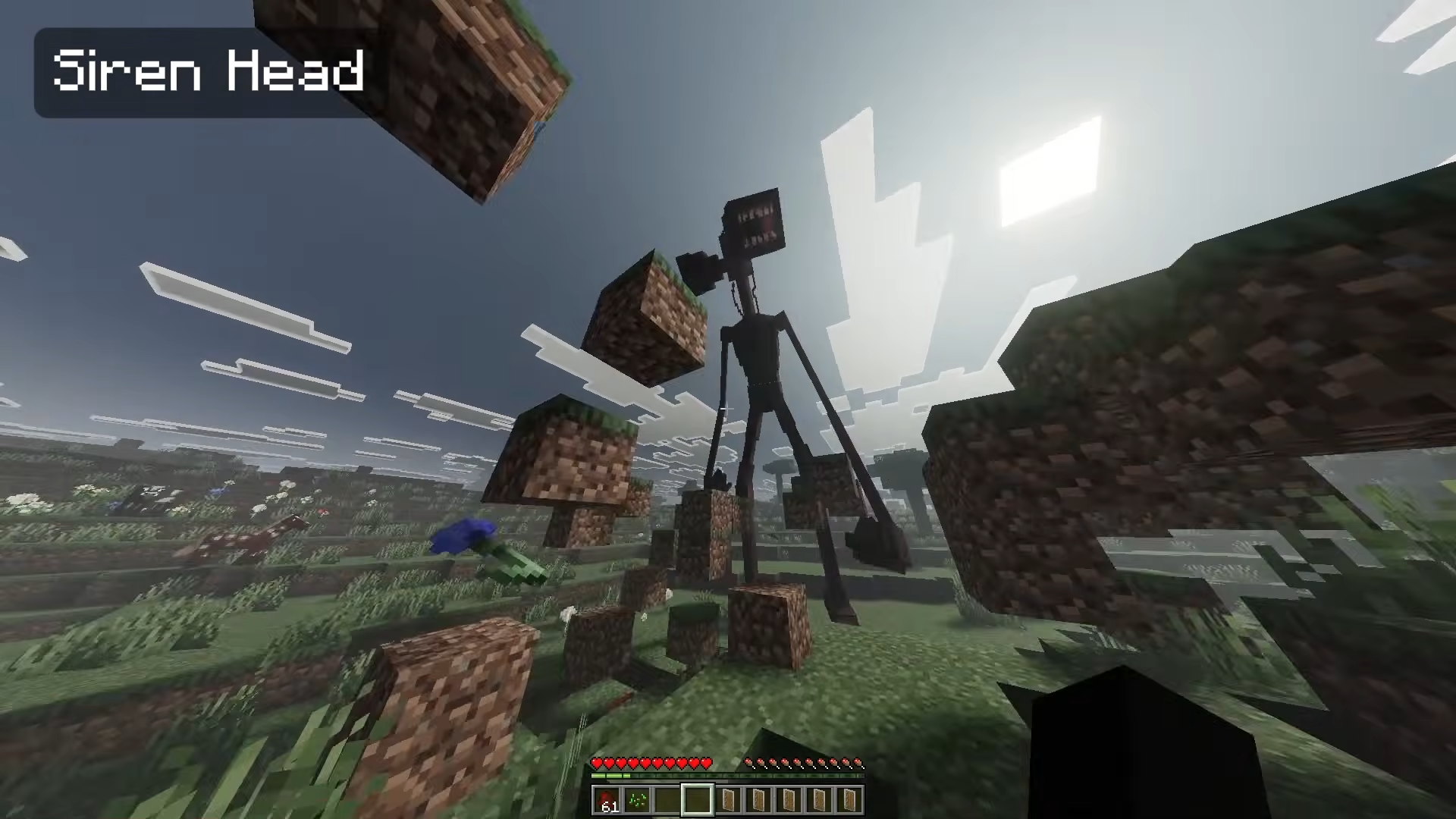 Scary Siren Head monster destroying terrain and throwing dirt blocks around