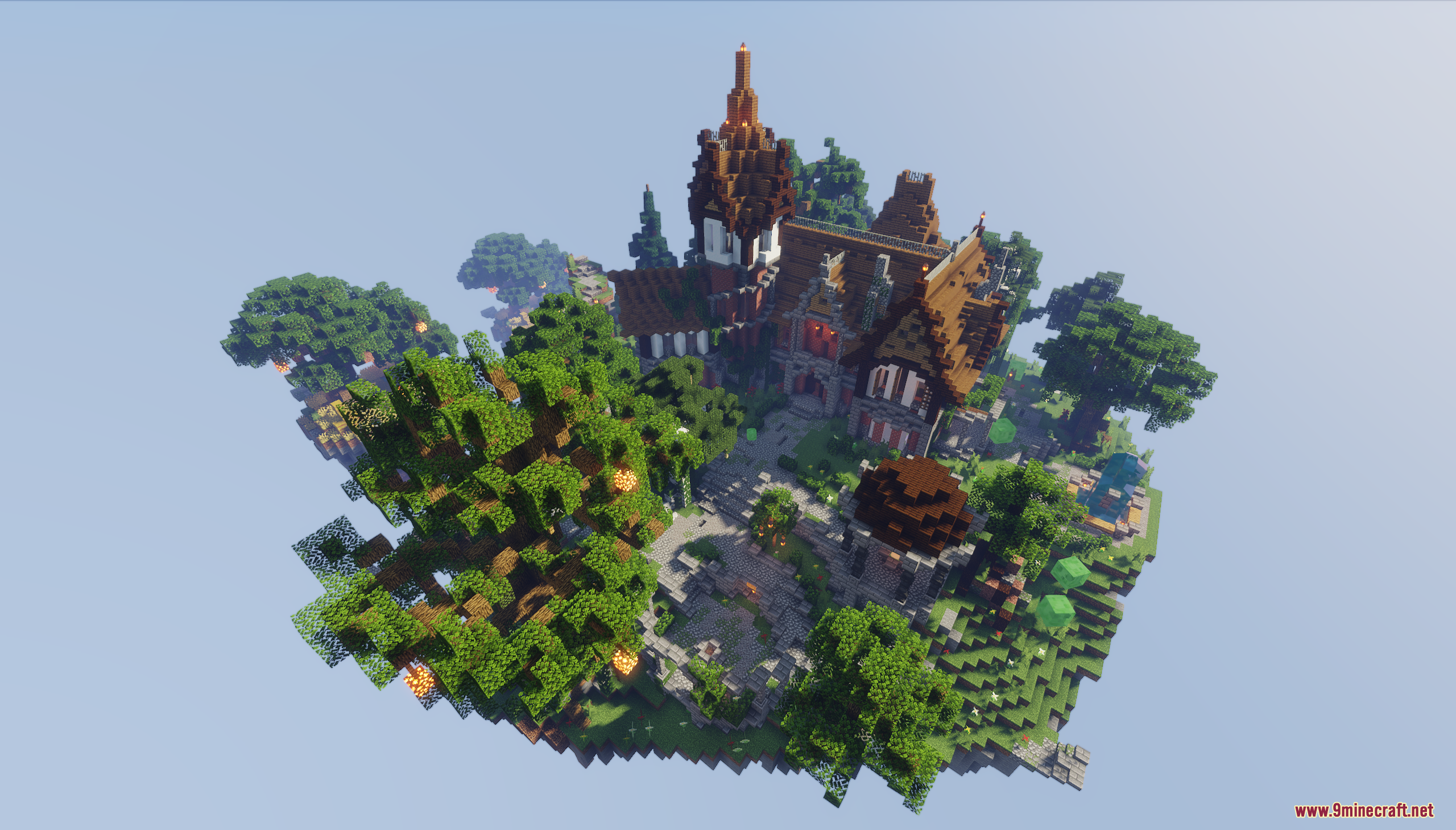 Aerial view of the main floating island with a large abandoned base