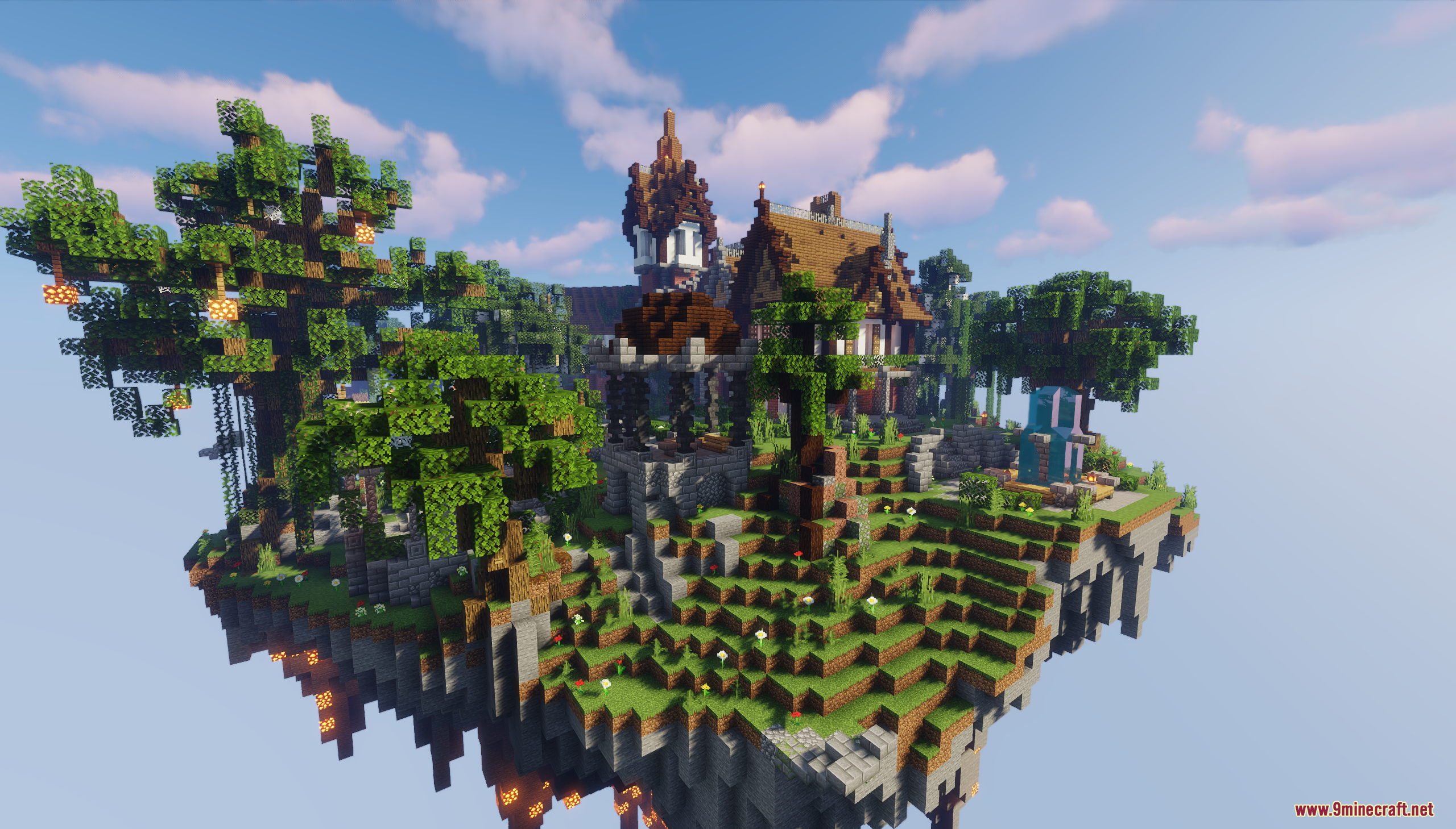 Side view of the floating island showing terrain and a gazebo