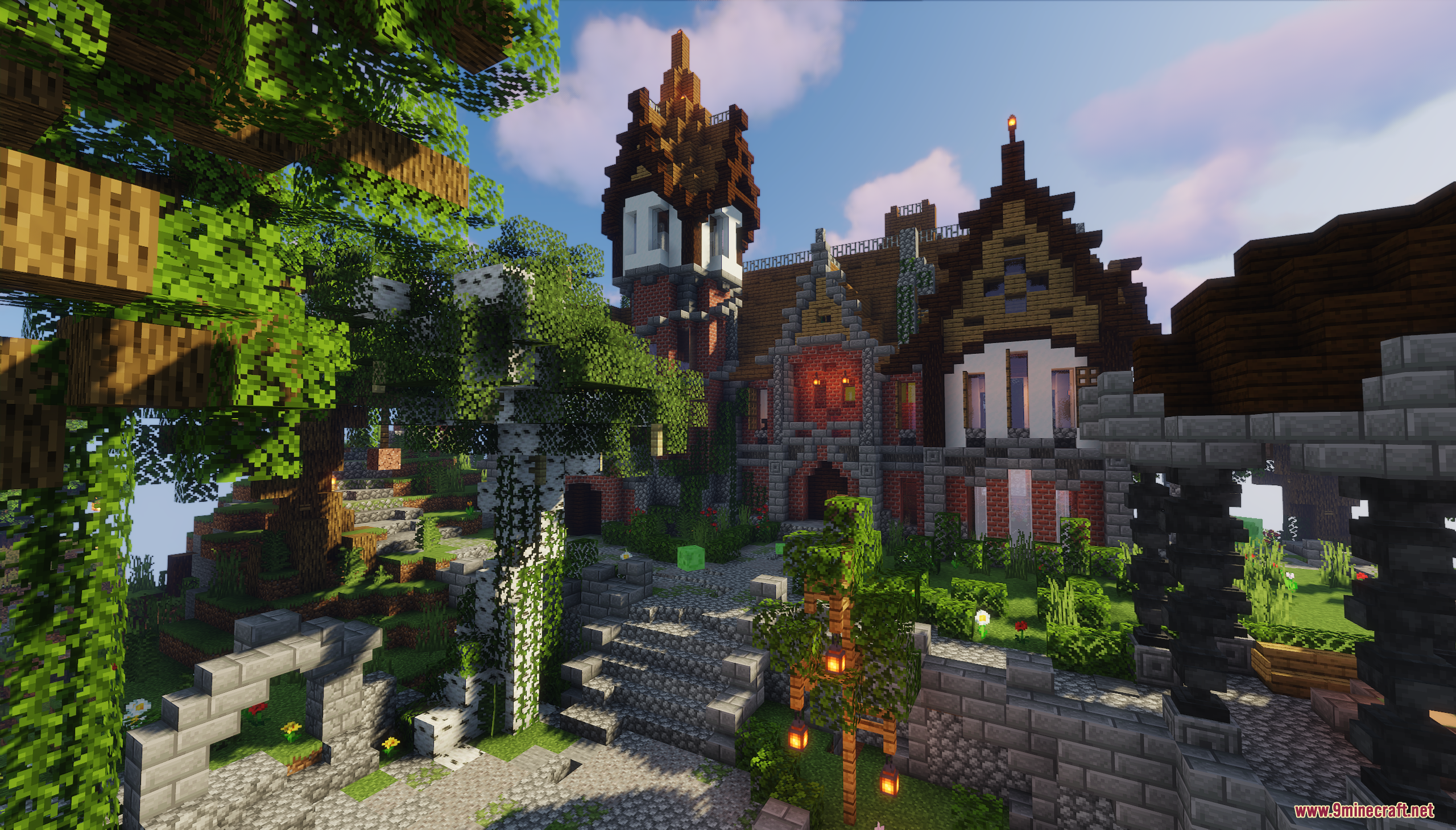 Ground level view of the stone courtyard at the abandoned base