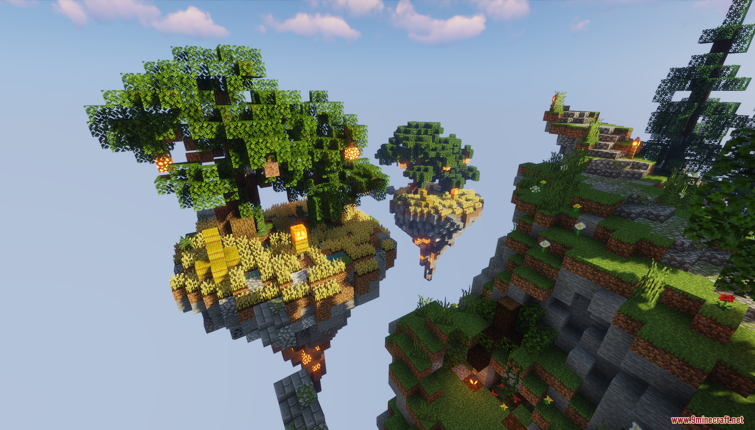 Smaller floating islands featuring a starting wheat farm and large trees