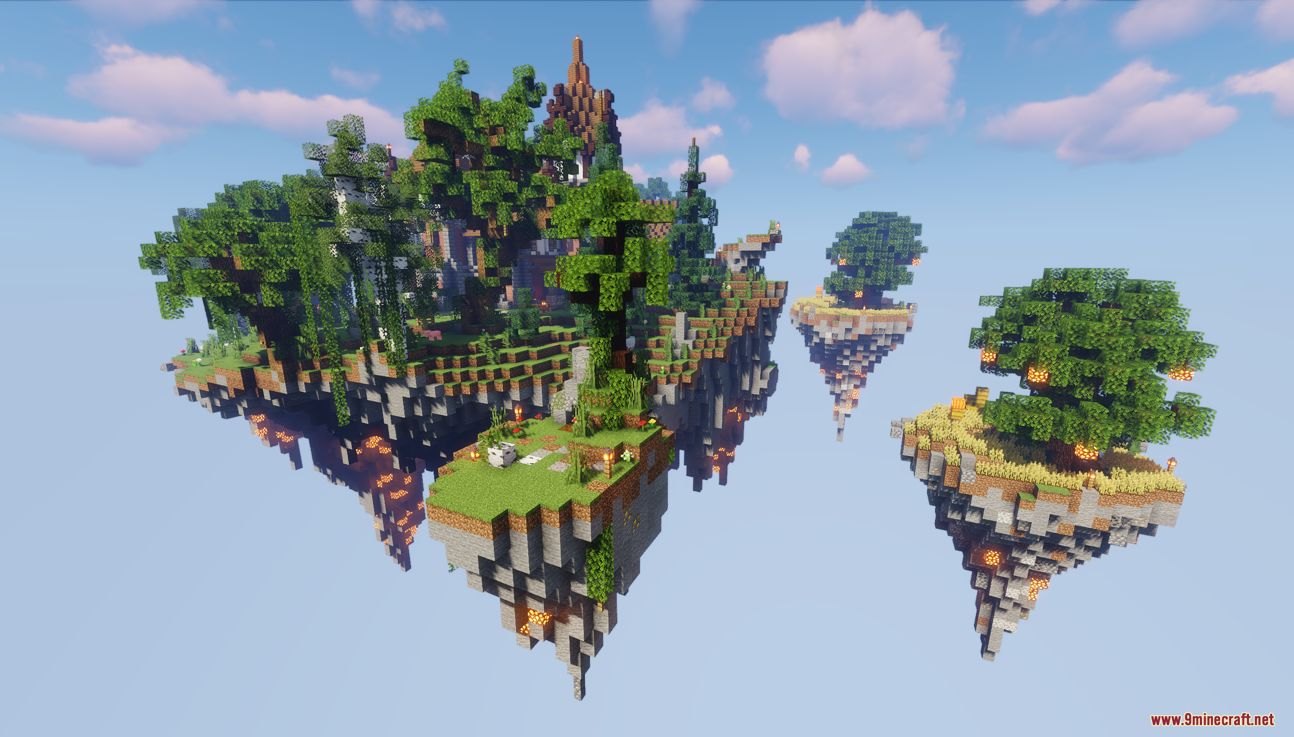 Wide view showing the main floating island and smaller surrounding islands