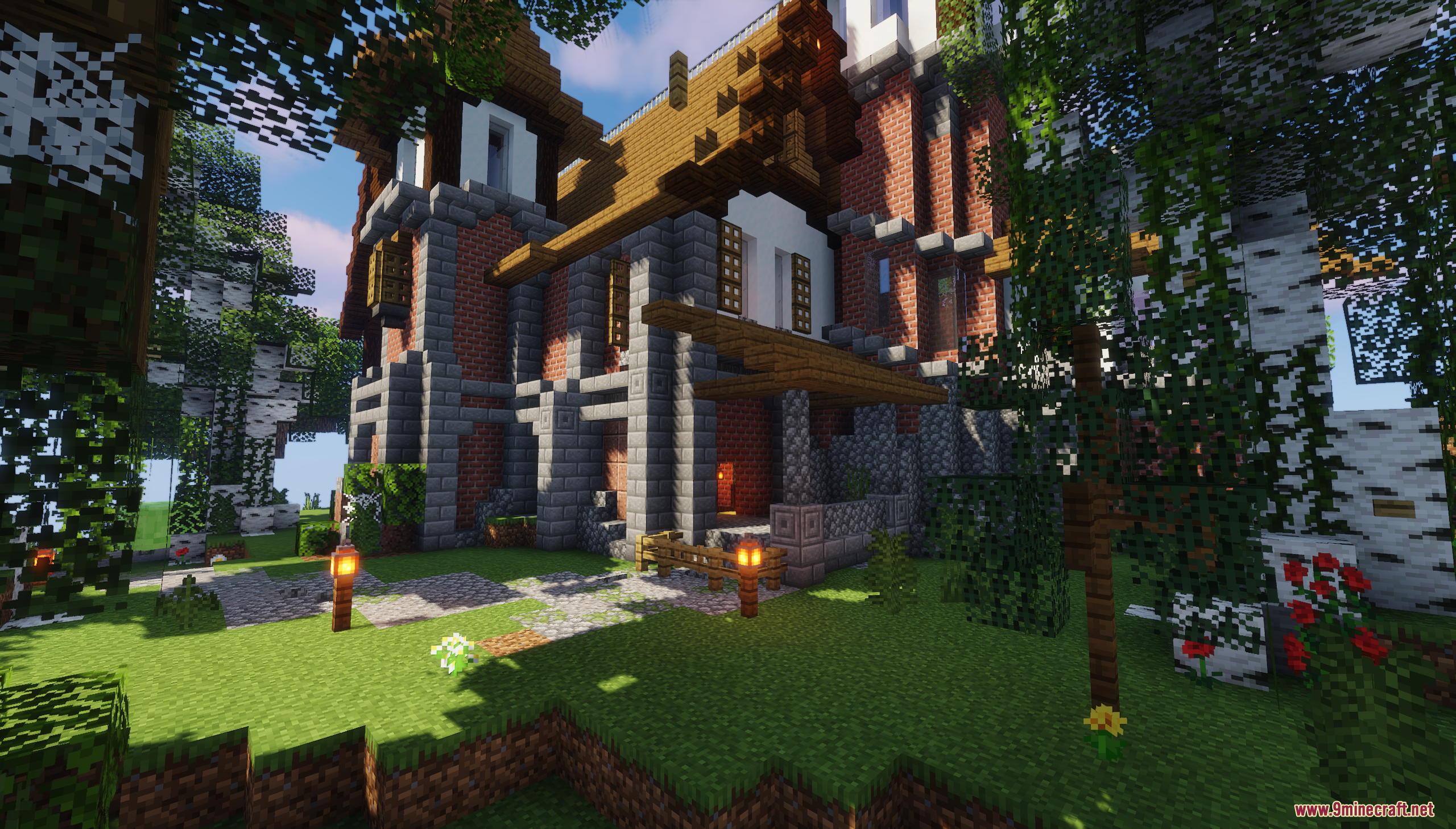 Detailed view of the premade abandoned brick house with porch