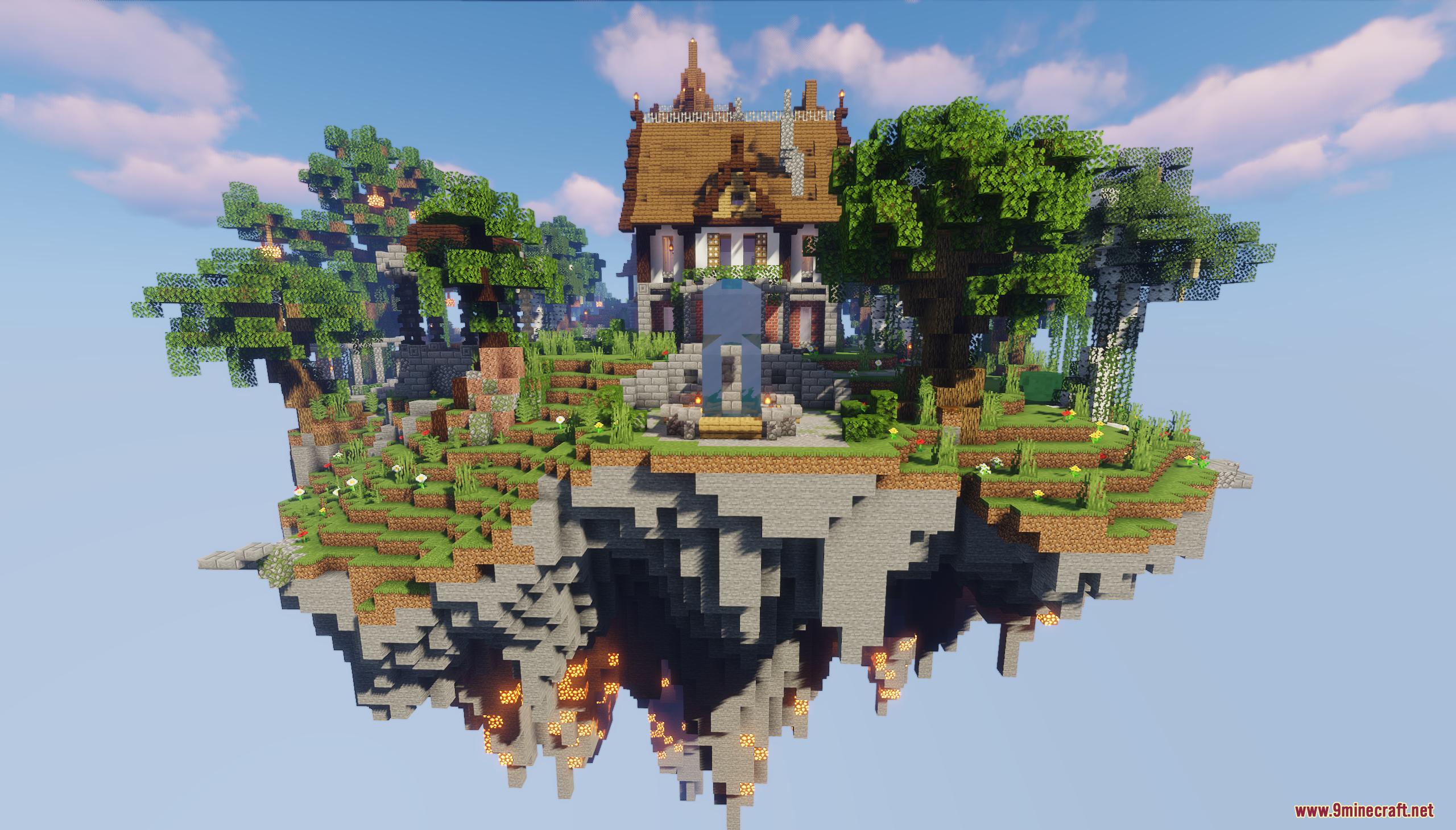 Main floating island featuring a large house and a central fountain