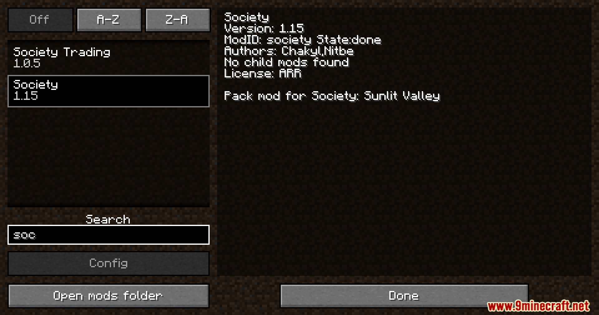 Mod list showing Society Tweaks installed and active