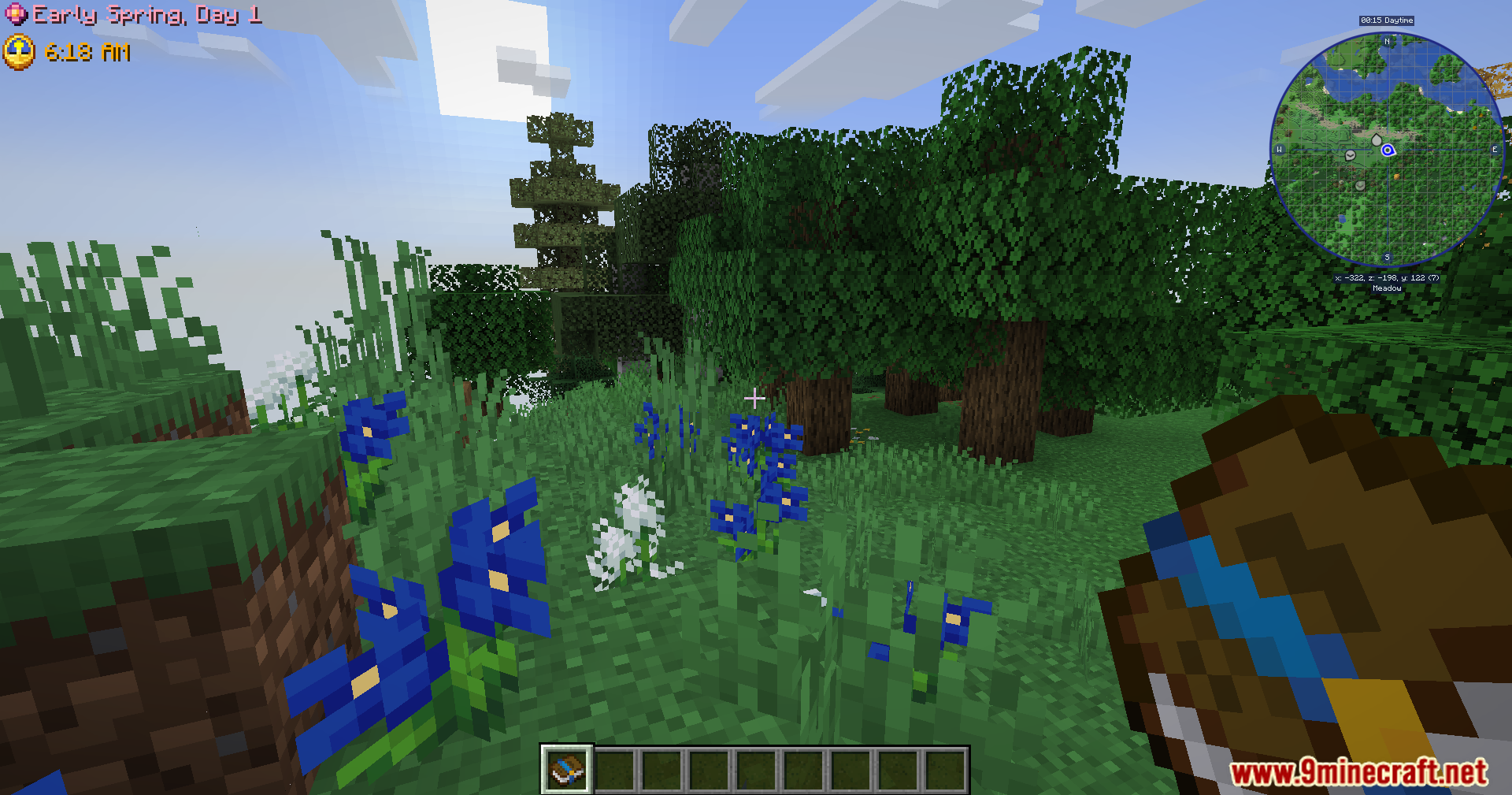 Player exploring a forest biome with blue flowers