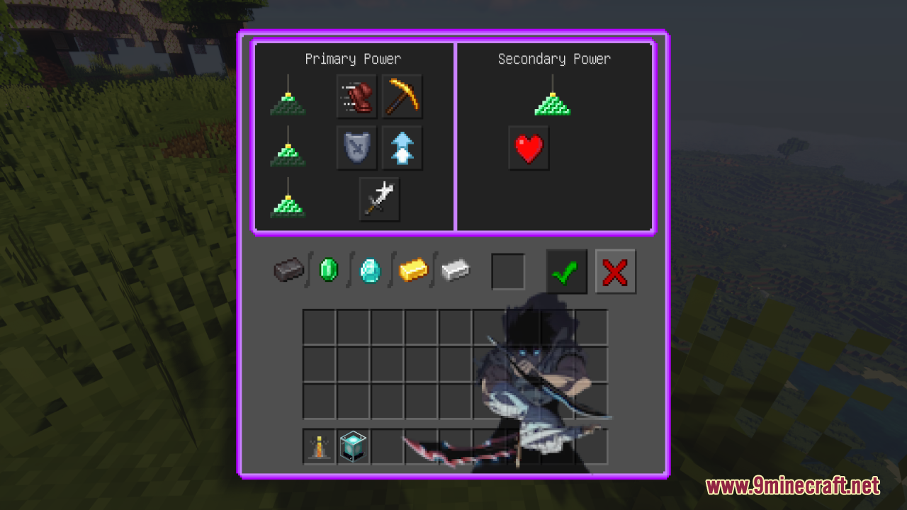 Dark themed Beacon menu with custom anime character background art